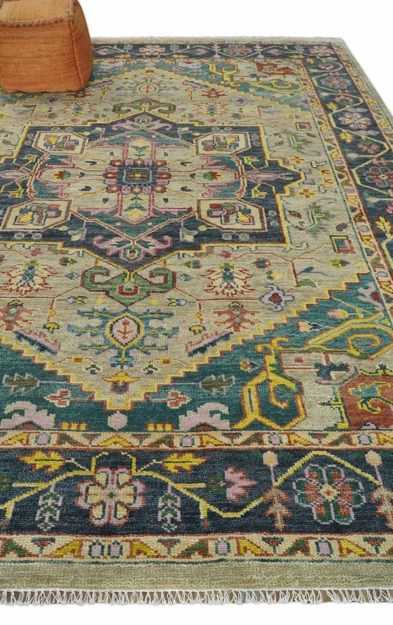 Custom Made Antique look Hand Knotted Camel, Teal and Charcoal Traditional Heriz Serapi Wool Rug - Image 3