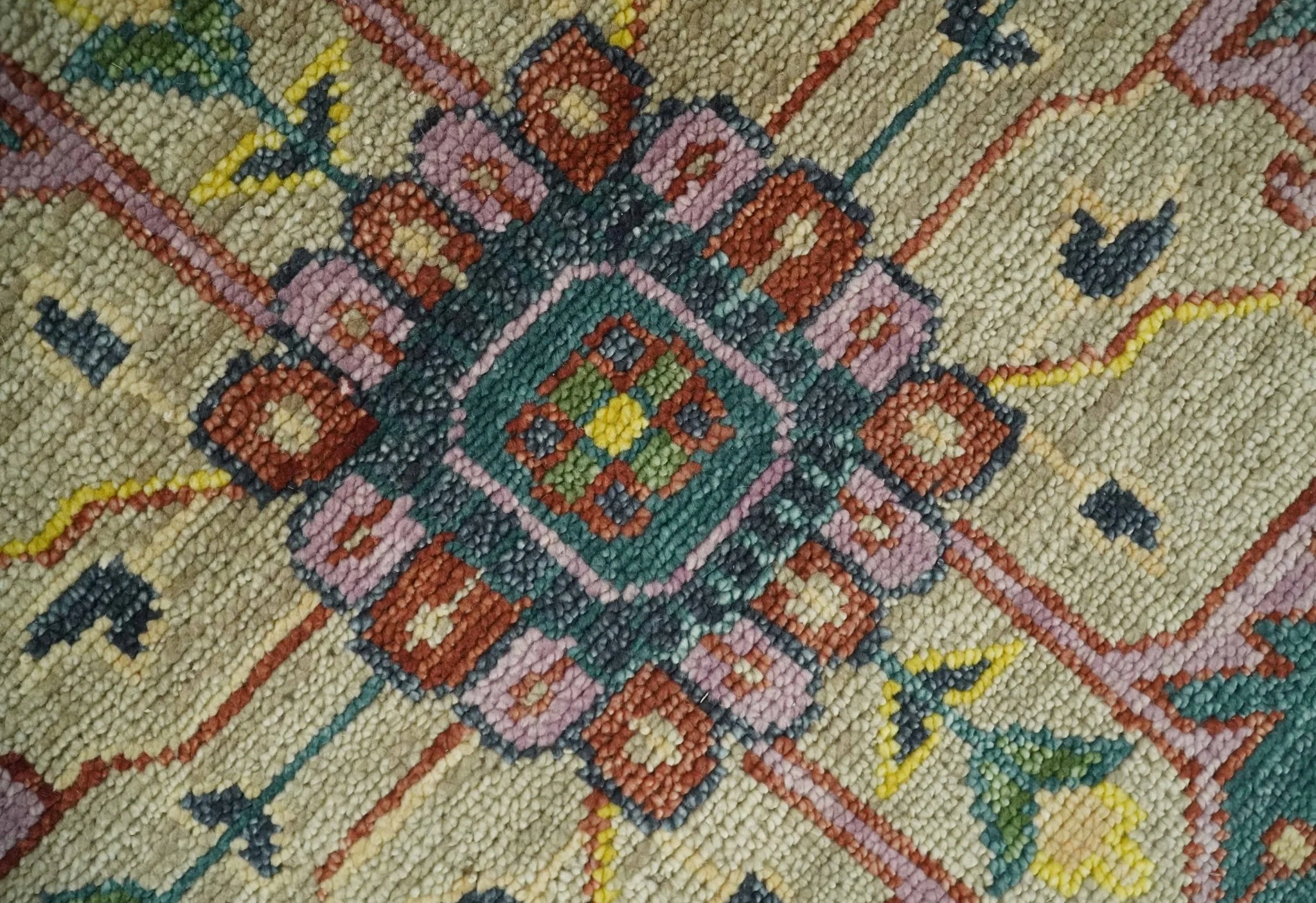Custom Made Antique look Hand Knotted Camel, Teal and Charcoal Traditional Heriz Serapi Wool Rug - Image 4