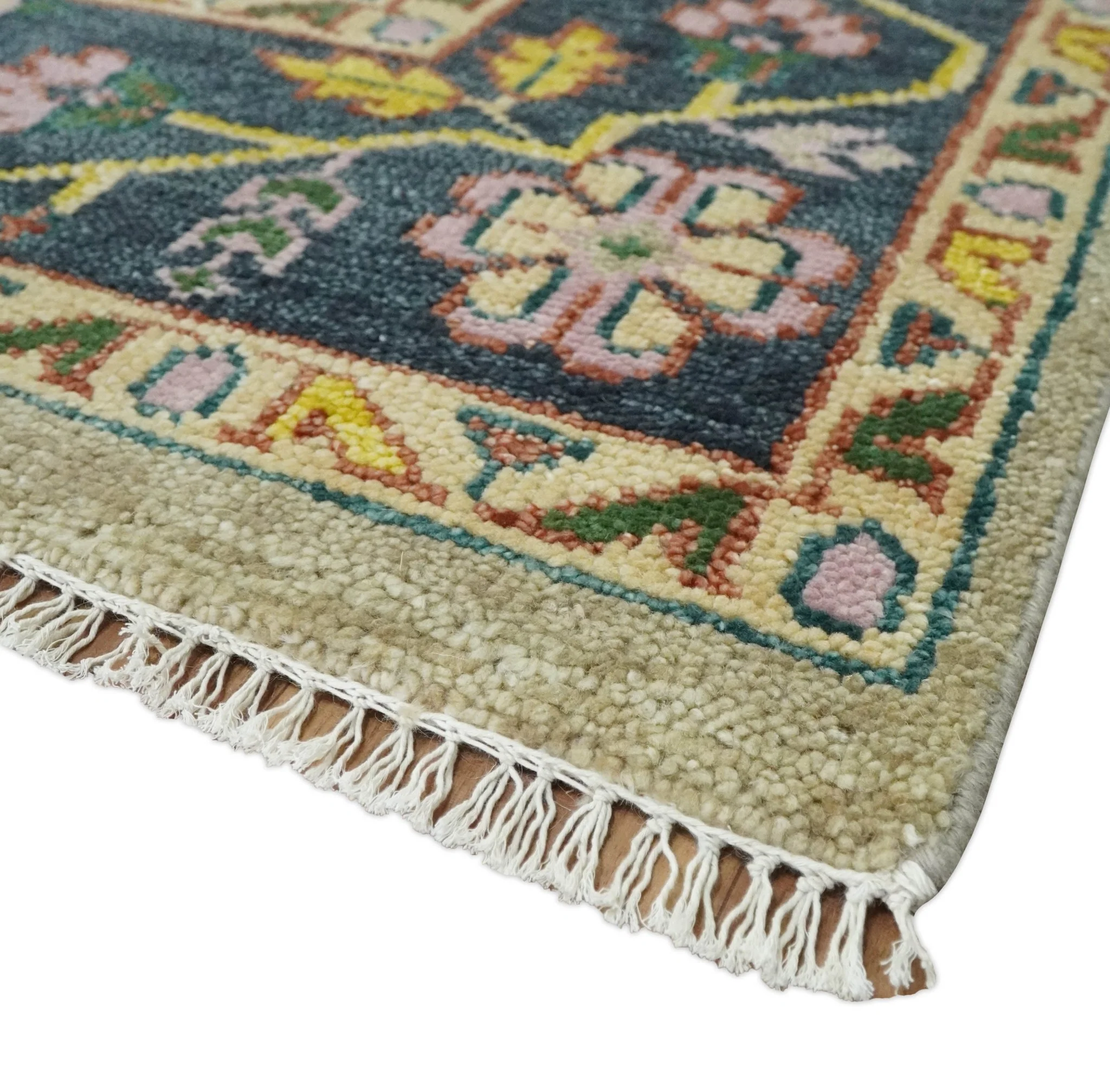 Custom Made Antique look Hand Knotted Camel, Teal and Charcoal Traditional Heriz Serapi Wool Rug - Image 5