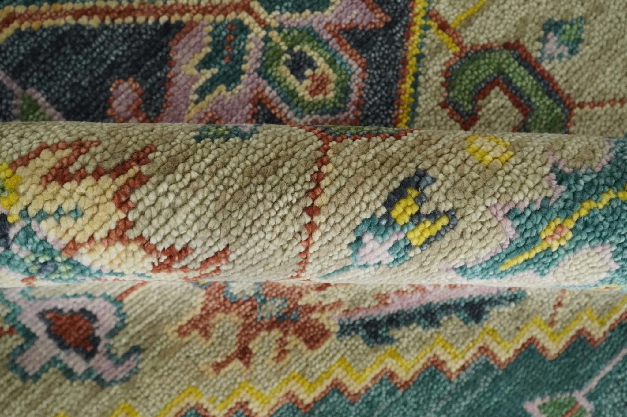 Custom Made Antique look Hand Knotted Camel, Teal and Charcoal Traditional Heriz Serapi Wool Rug - Image 6