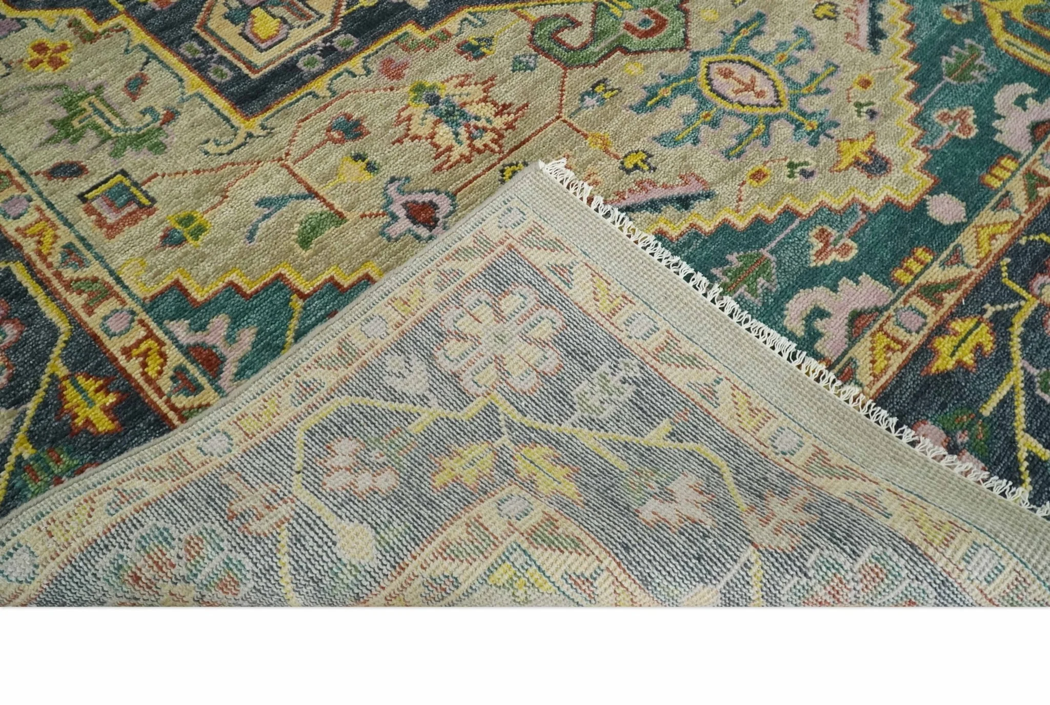 Custom Made Antique look Hand Knotted Camel, Teal and Charcoal Traditional Heriz Serapi Wool Rug - Image 7
