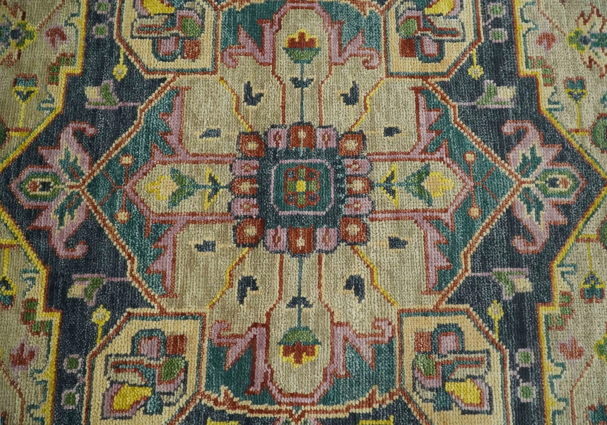 Custom Made Antique look Hand Knotted Camel, Teal and Charcoal Traditional Heriz Serapi Wool Rug - Image 9