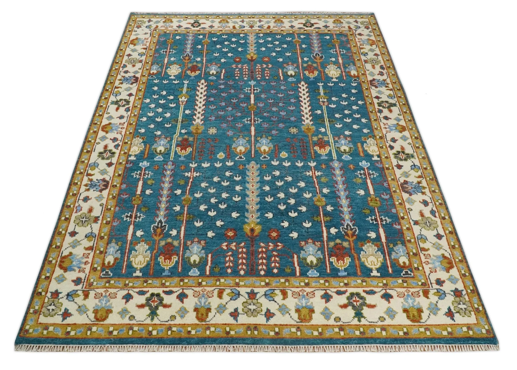 Hand Knotted Teal Blue and Ivory Traditional Vintage Style Multi size Wool Area Rug - Image 9