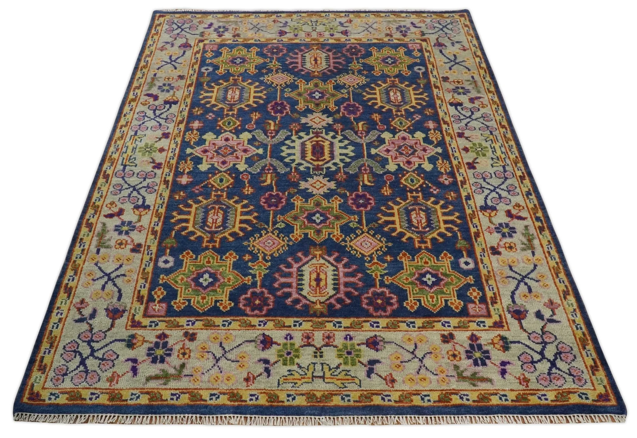 Custom Made Hand Knotted Blue, Gold and Beige Oriental Oushak wool Area Rug - Image 11