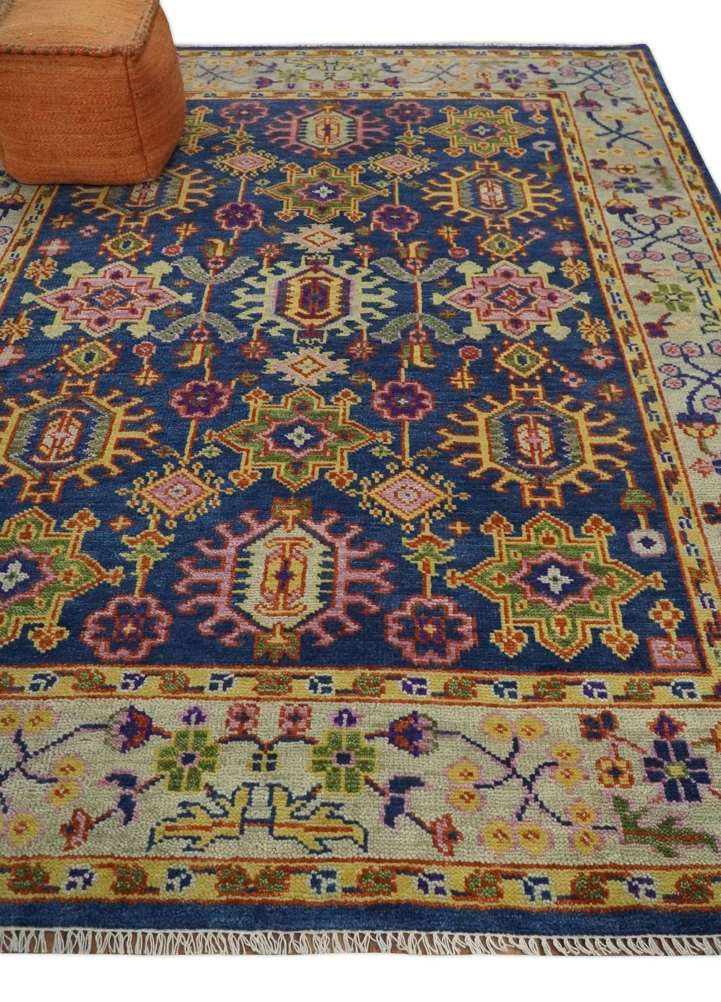 Custom Made Hand Knotted Blue, Gold and Beige Oriental Oushak wool Area Rug - Image 3