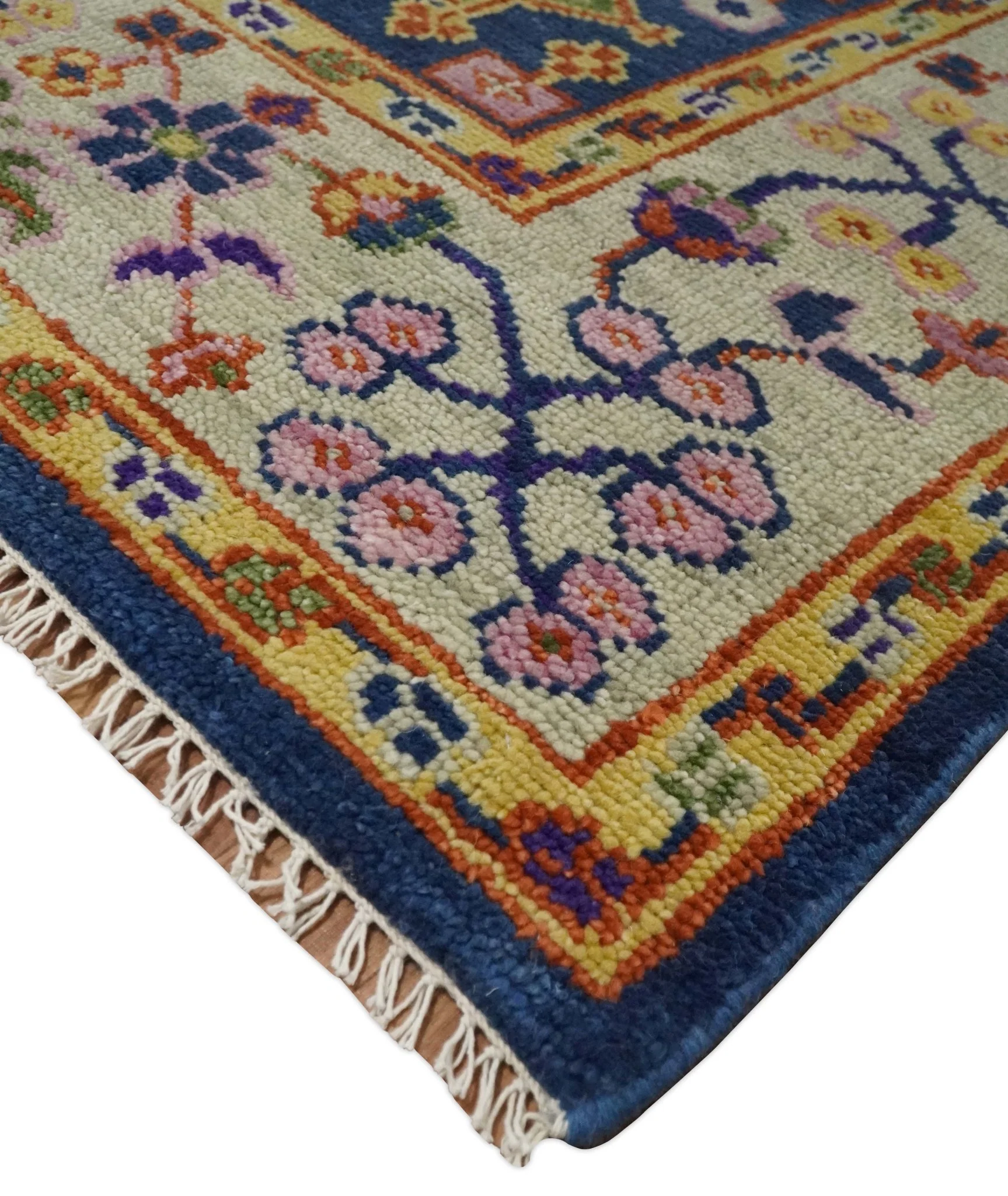 Custom Made Hand Knotted Blue, Gold and Beige Oriental Oushak wool Area Rug - Image 5