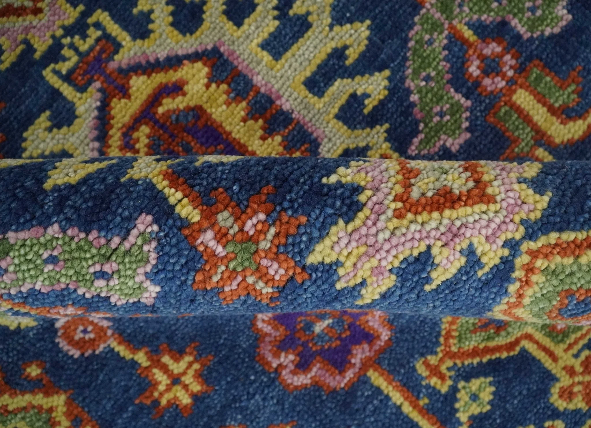 Custom Made Hand Knotted Blue, Gold and Beige Oriental Oushak wool Area Rug - Image 8