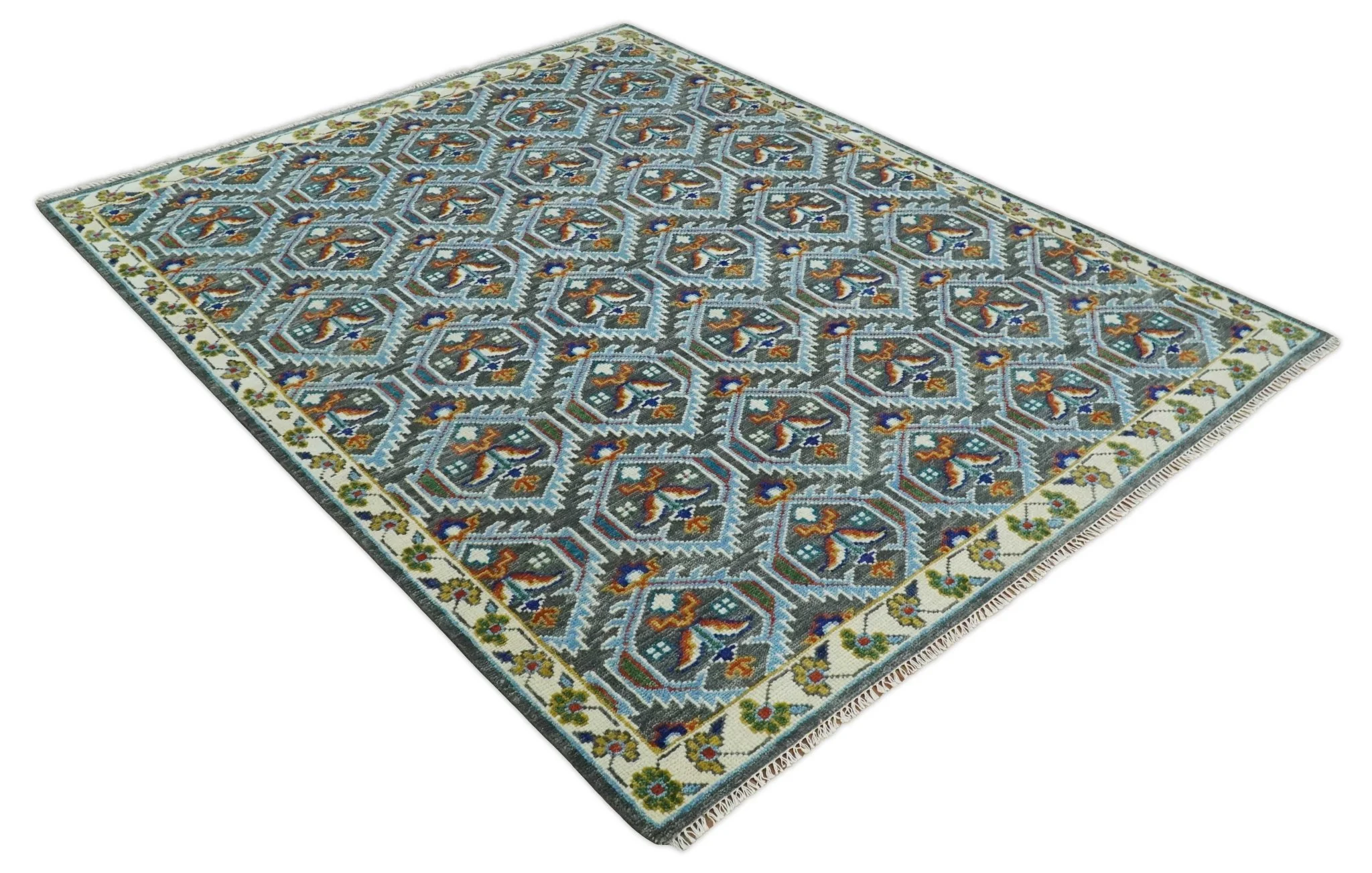 Charcoal, Blue and Ivory Traditional Hand Knotted Multi Size Wool area Rug - Image 10