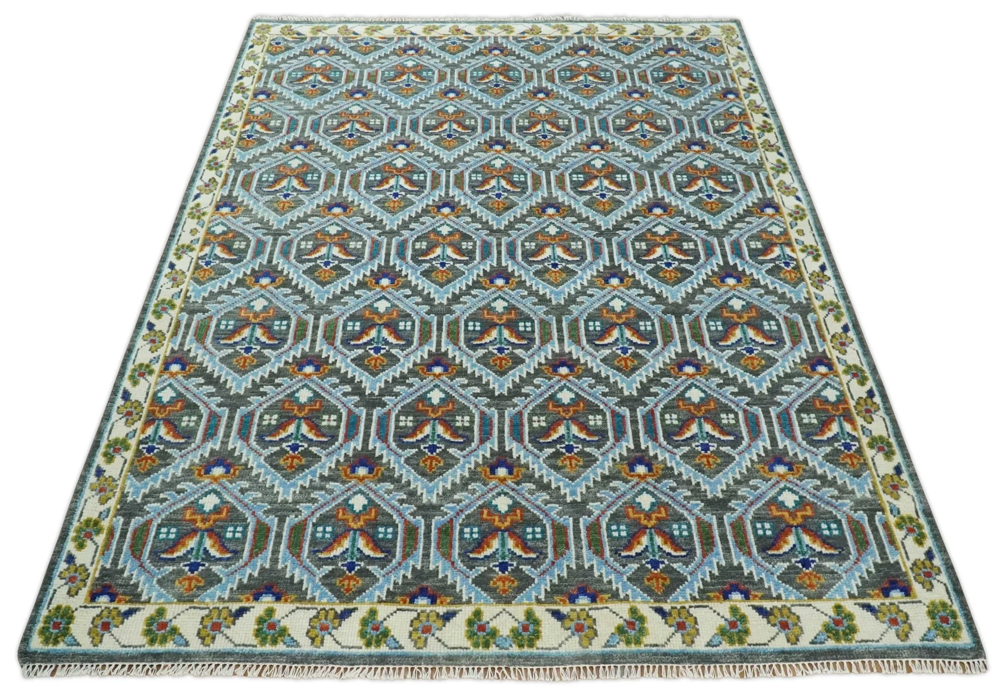 Charcoal, Blue and Ivory Traditional Hand Knotted Multi Size Wool area Rug - Image 11