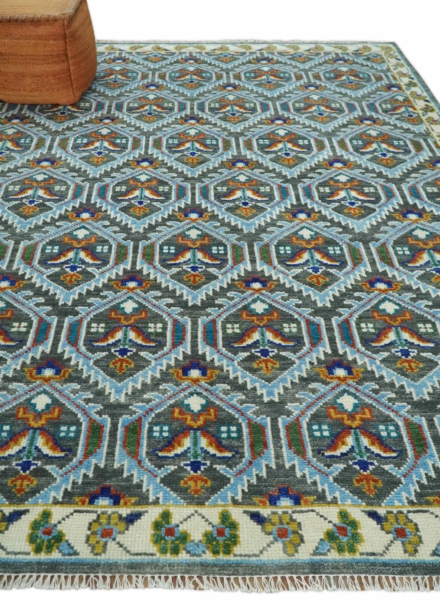Charcoal, Blue and Ivory Traditional Hand Knotted Multi Size Wool area Rug - Image 2