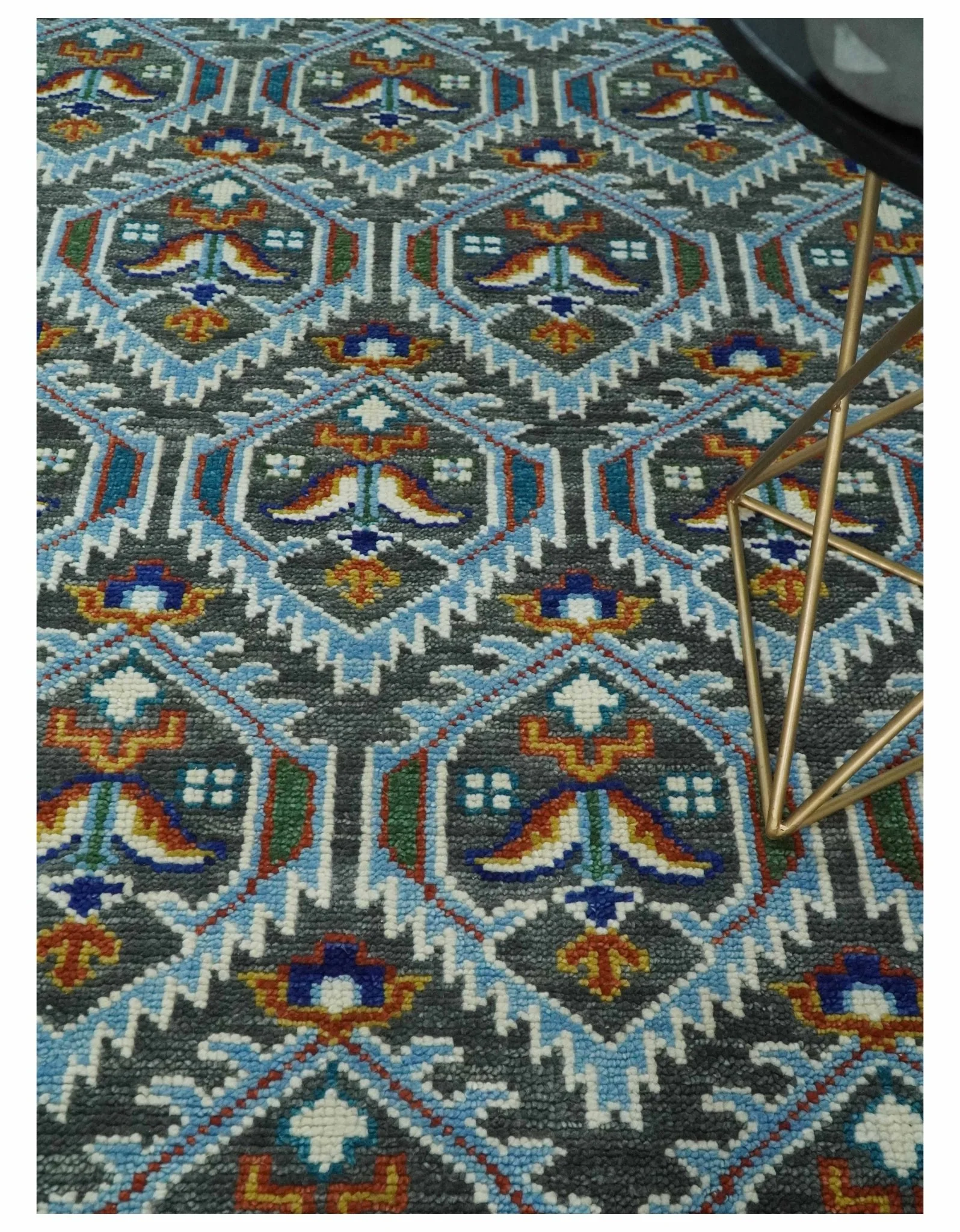 Charcoal, Blue and Ivory Traditional Hand Knotted Multi Size Wool area Rug - Image 3