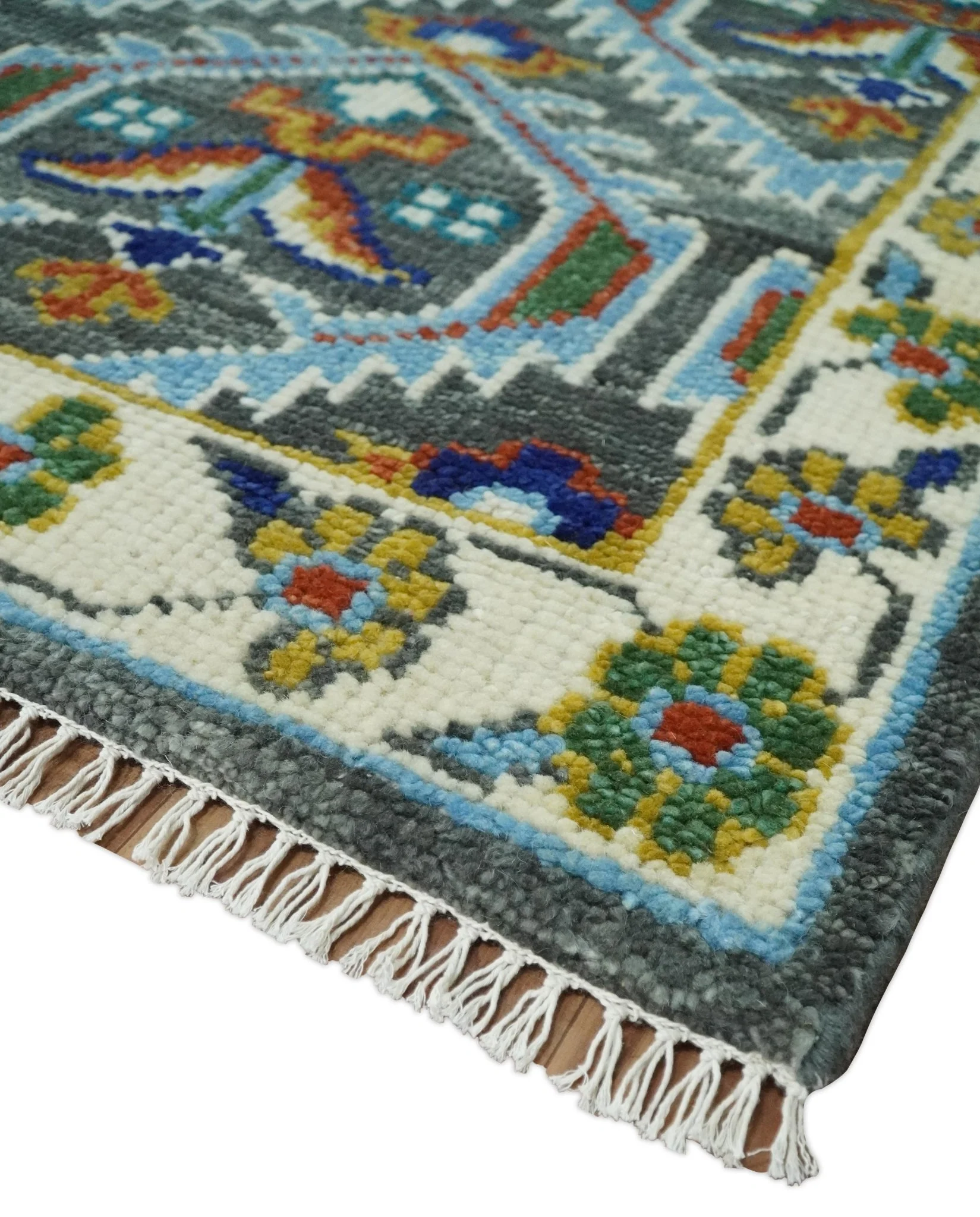 Charcoal, Blue and Ivory Traditional Hand Knotted Multi Size Wool area Rug - Image 5