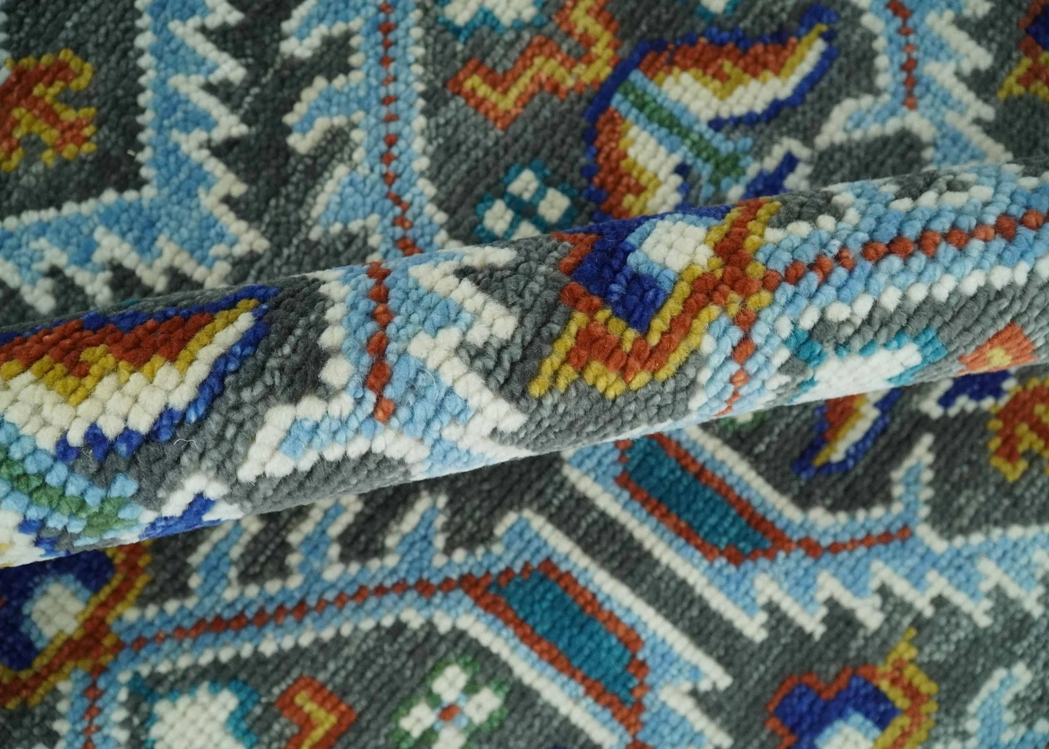 Charcoal, Blue and Ivory Traditional Hand Knotted Multi Size Wool area Rug - Image 6