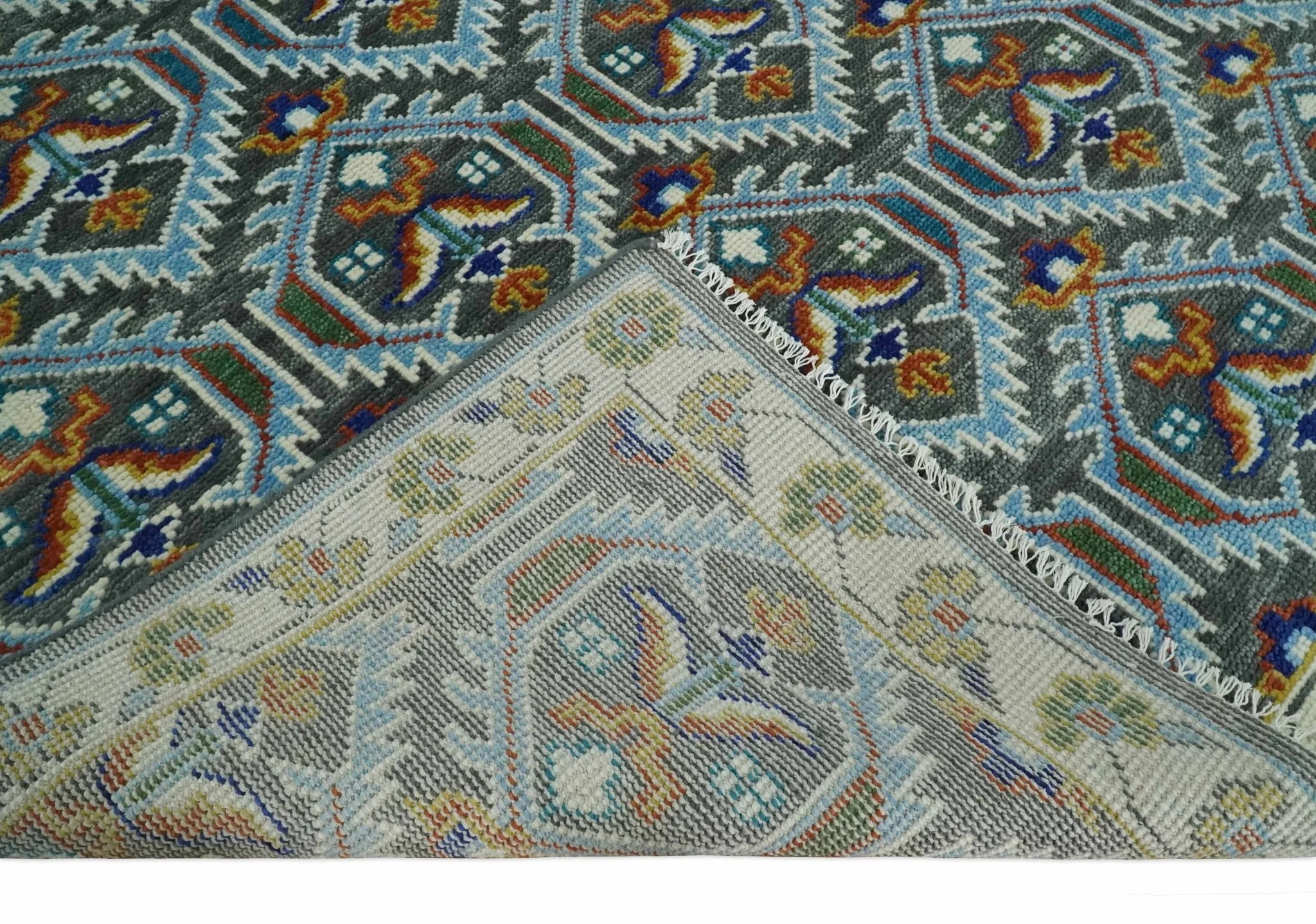 Charcoal, Blue and Ivory Traditional Hand Knotted Multi Size Wool area Rug - Image 7