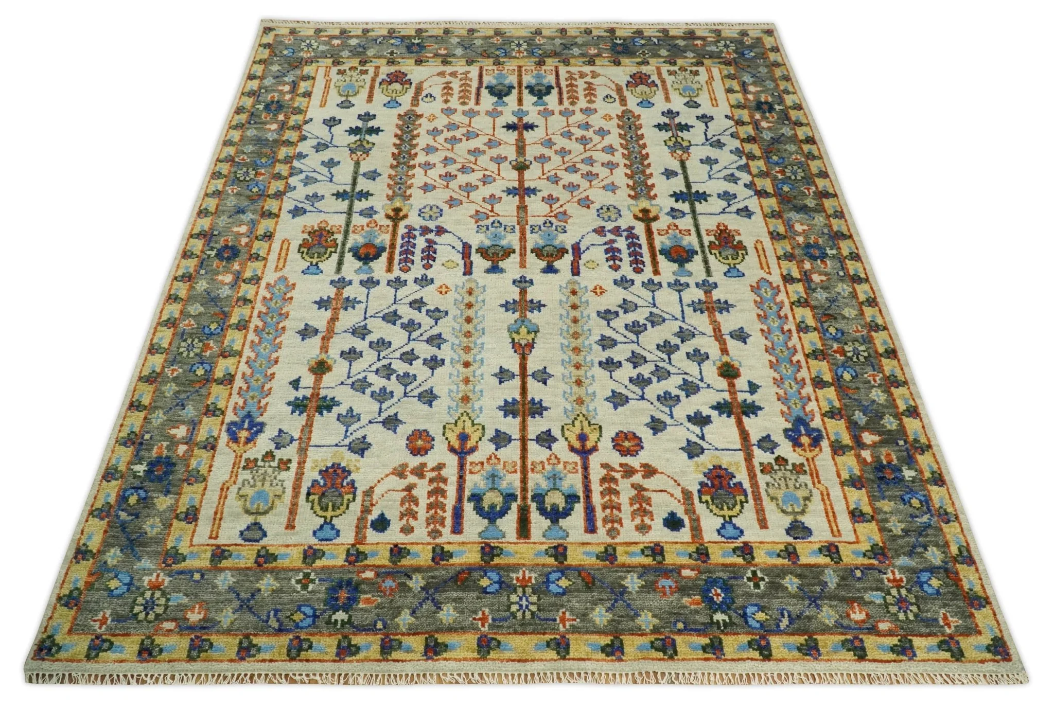 Hand Knotted Ivory and Charcoal Traditional Vintage Style Custom Made Wool Area Rug - Image 11