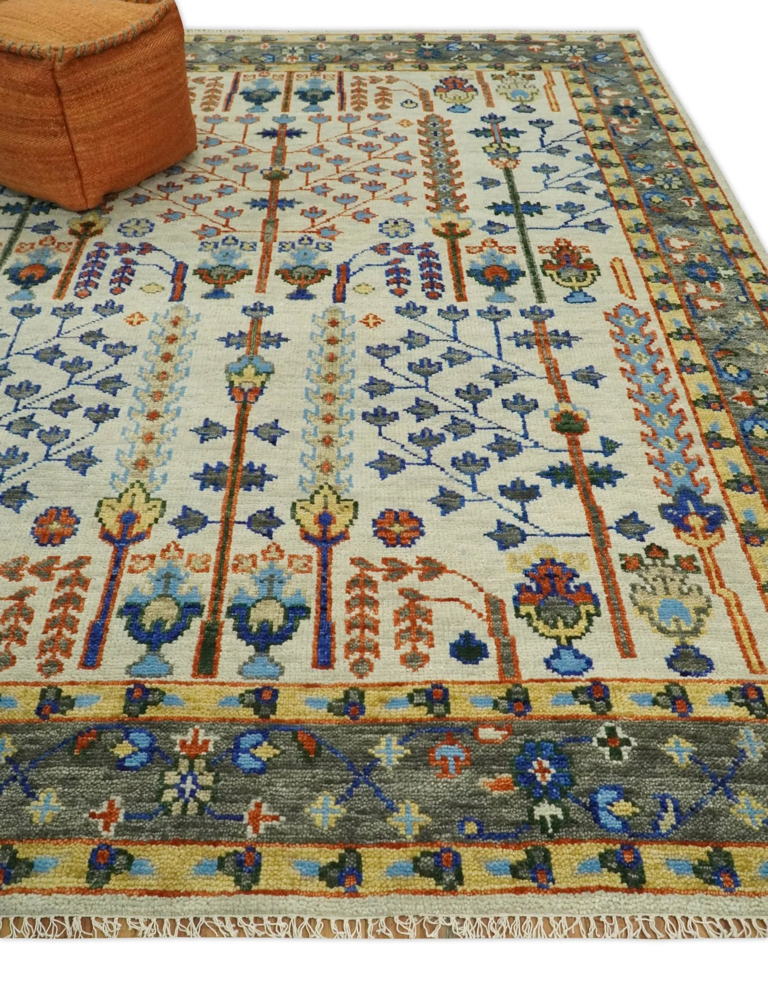 Hand Knotted Ivory and Charcoal Traditional Vintage Style Custom Made Wool Area Rug - Image 3