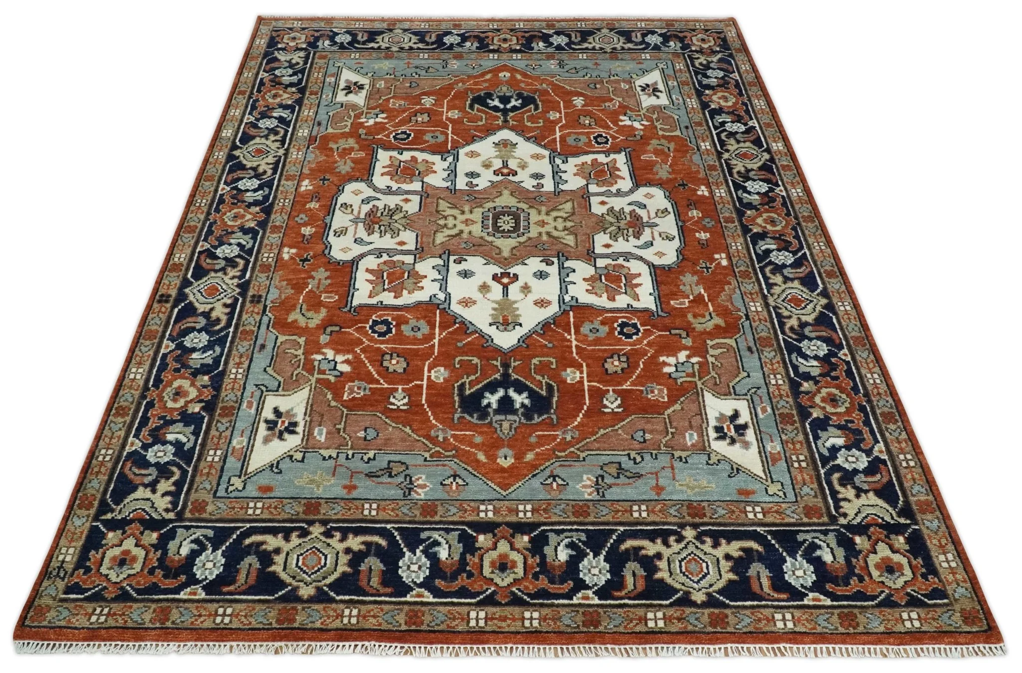 Hand Knotted Ivory, Blue and Rust Modern Traditional Heriz Serapi Multi Size Wool Area Rug - Image 11