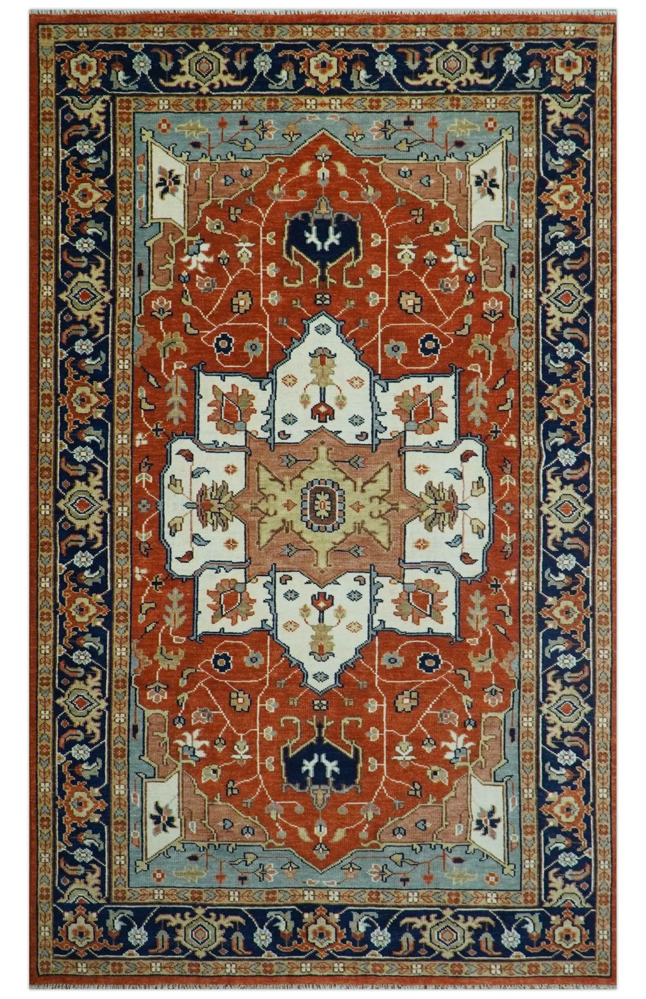 Hand Knotted Ivory, Blue and Rust Modern Traditional Heriz Serapi Multi Size Wool Area Rug - Image 12