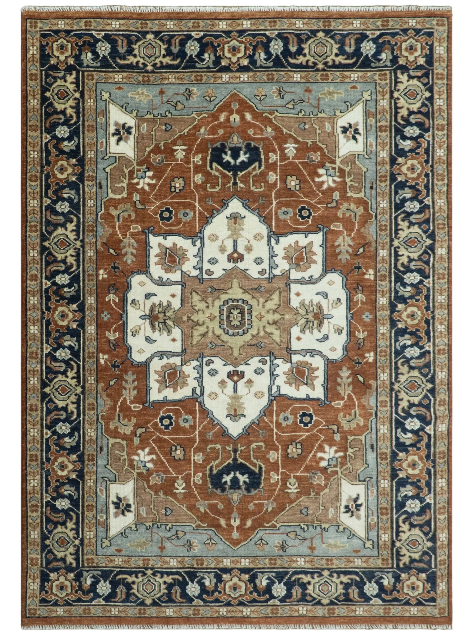 Hand Knotted Ivory, Blue and Rust Modern Traditional Heriz Serapi Multi Size Wool Area Rug - Image 13