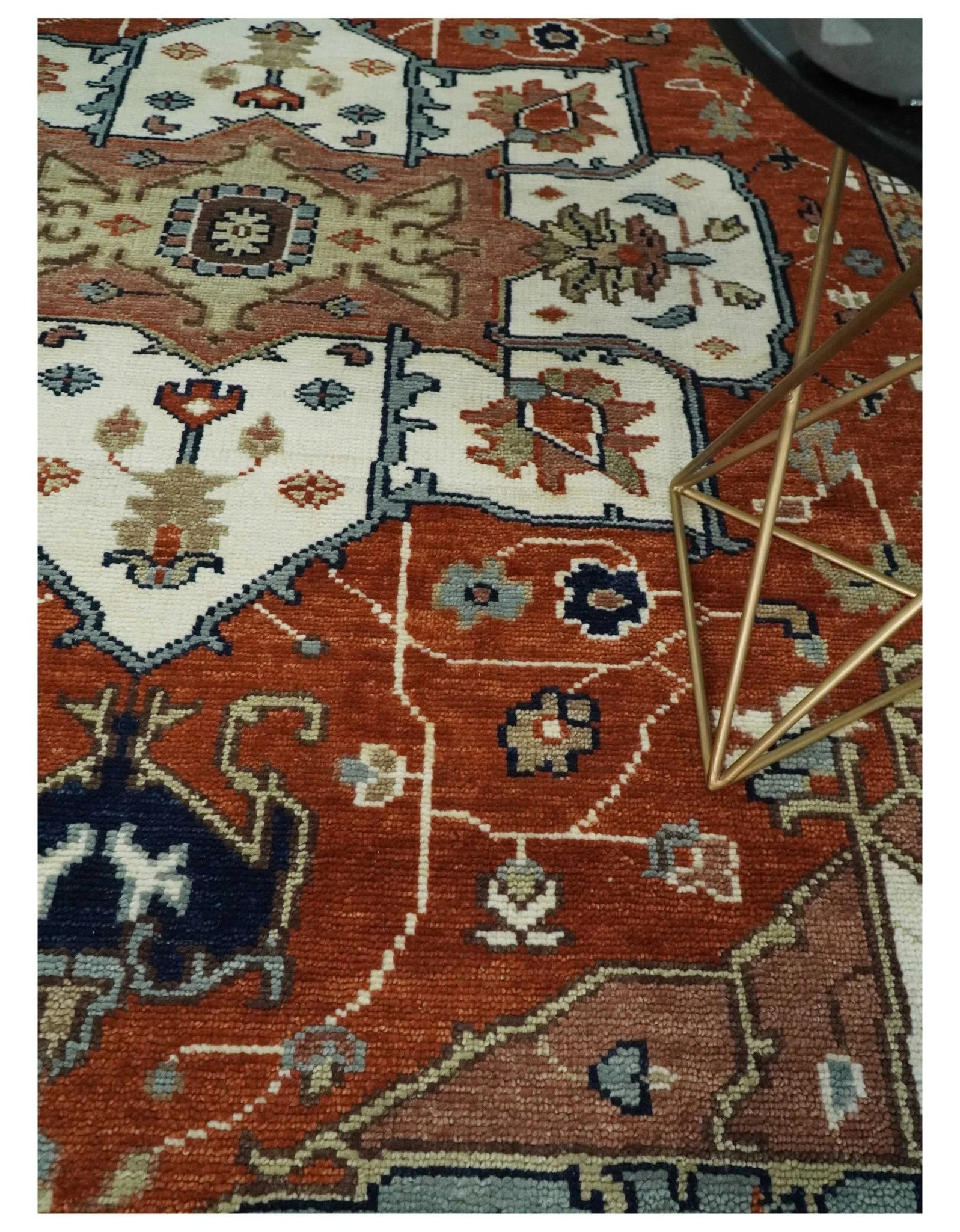 Hand Knotted Ivory, Blue and Rust Modern Traditional Heriz Serapi Multi Size Wool Area Rug - Image 2