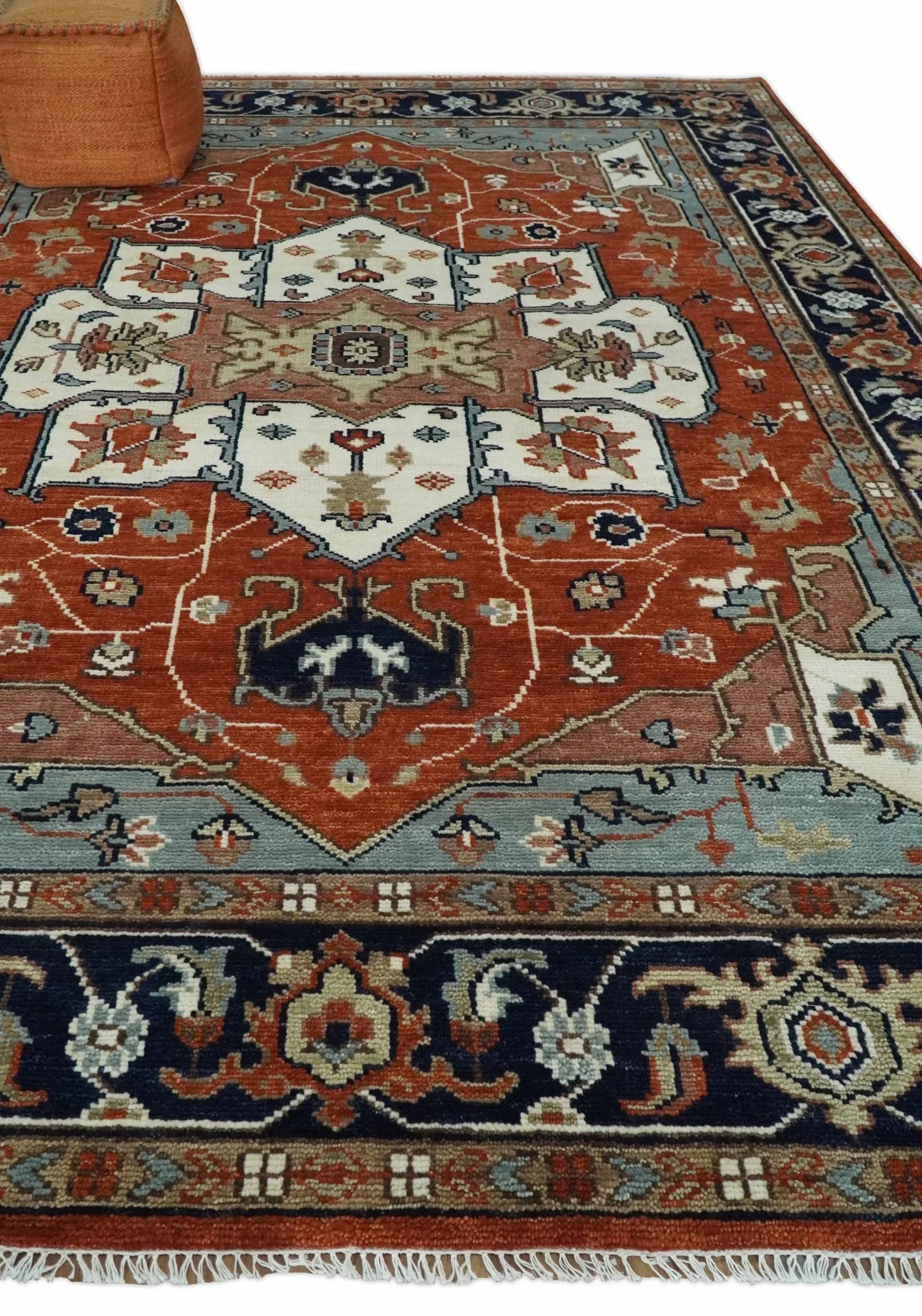 Hand Knotted Ivory, Blue and Rust Modern Traditional Heriz Serapi Multi Size Wool Area Rug - Image 3