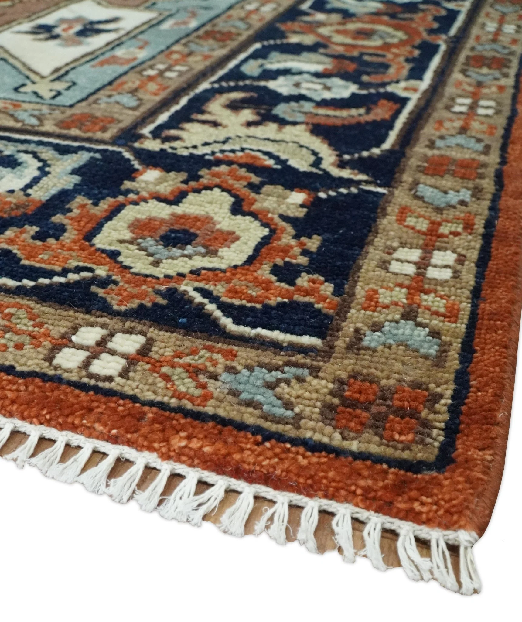 Hand Knotted Ivory, Blue and Rust Modern Traditional Heriz Serapi Multi Size Wool Area Rug - Image 4