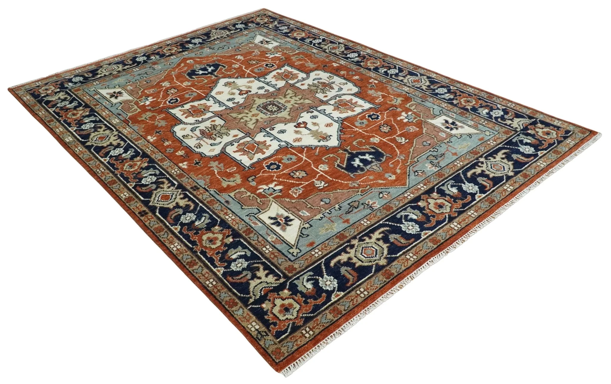 Hand Knotted Ivory, Blue and Rust Modern Traditional Heriz Serapi Multi Size Wool Area Rug - Image 5