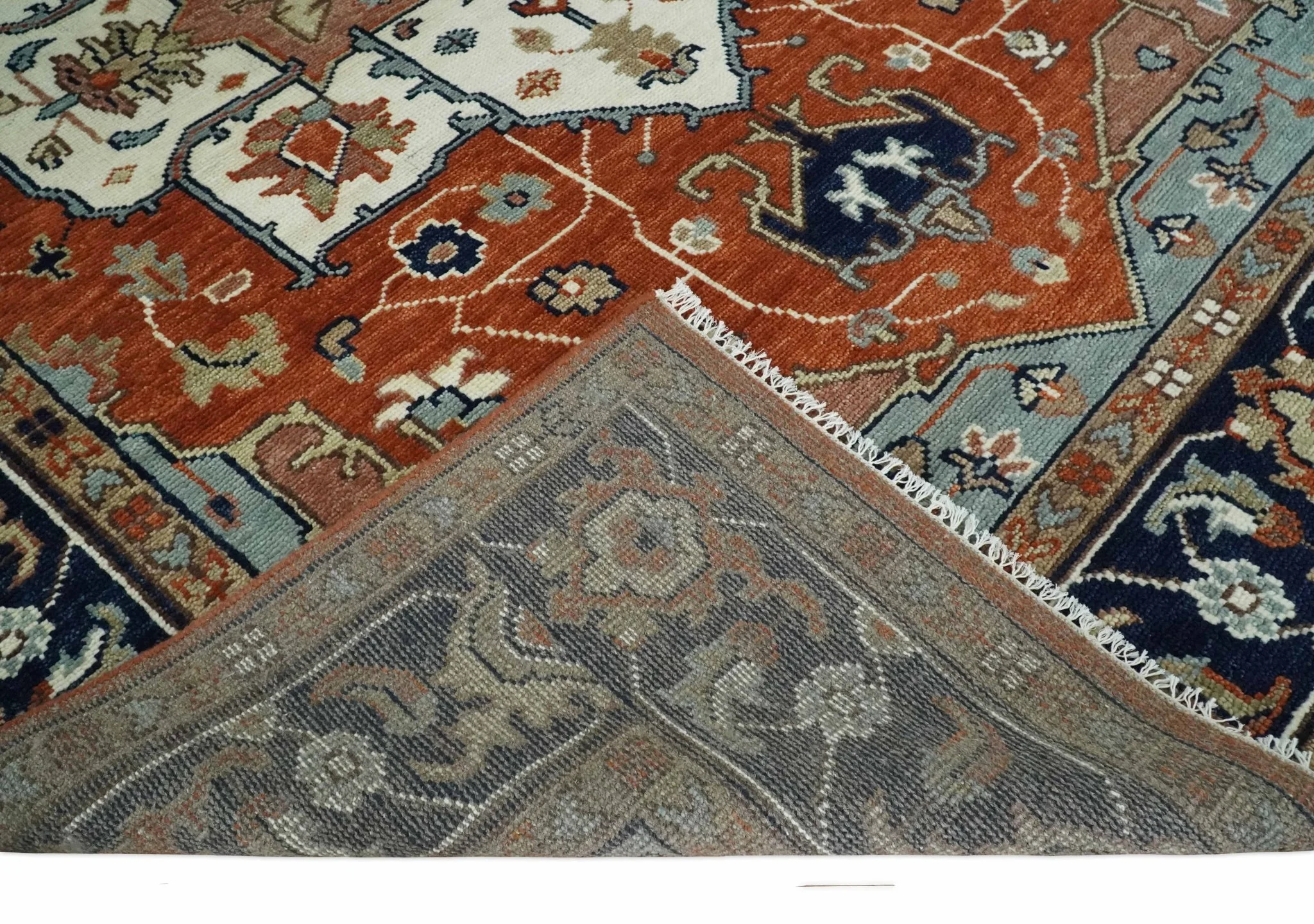 Hand Knotted Ivory, Blue and Rust Modern Traditional Heriz Serapi Multi Size Wool Area Rug - Image 6