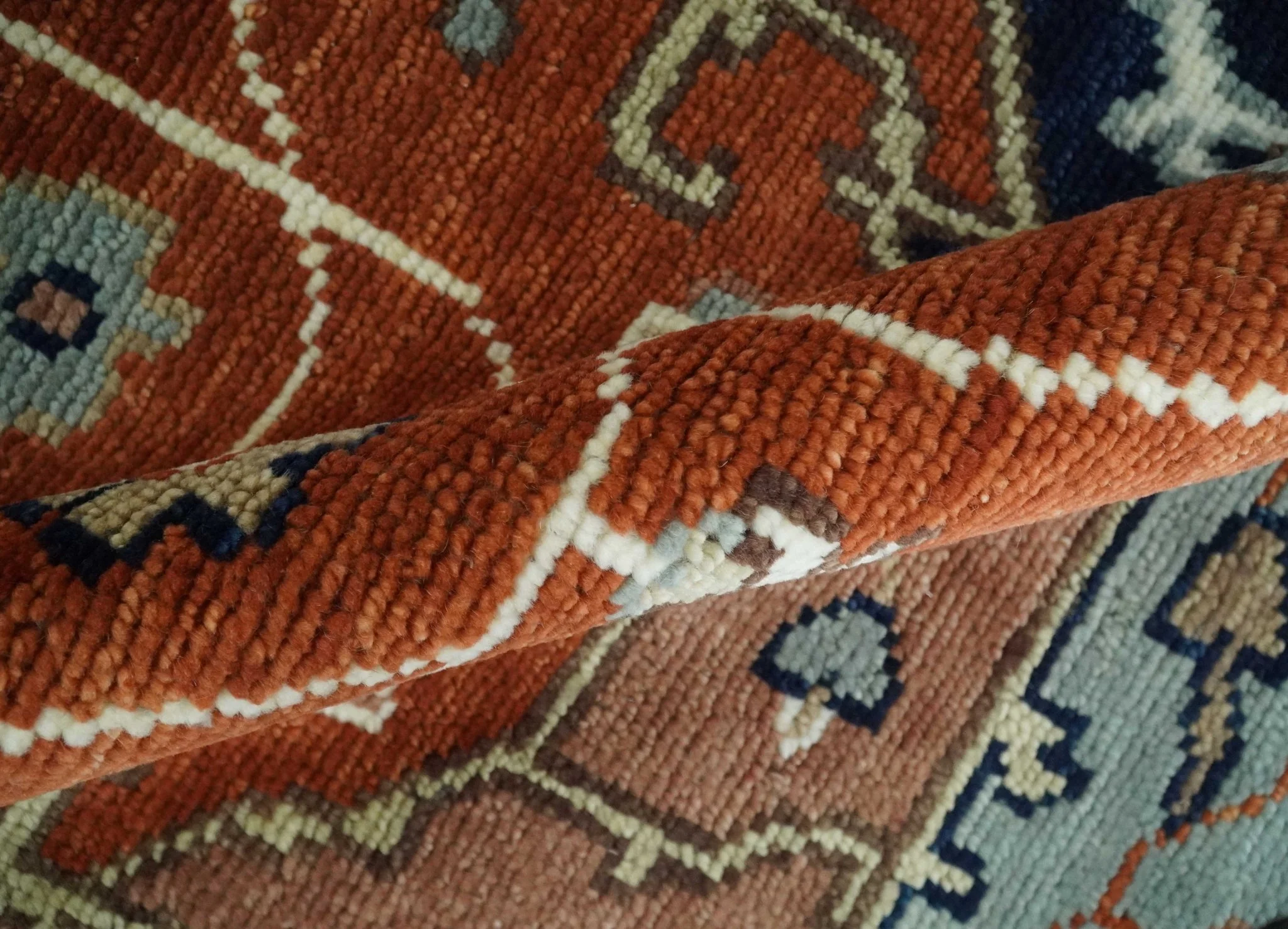 Hand Knotted Ivory, Blue and Rust Modern Traditional Heriz Serapi Multi Size Wool Area Rug - Image 7