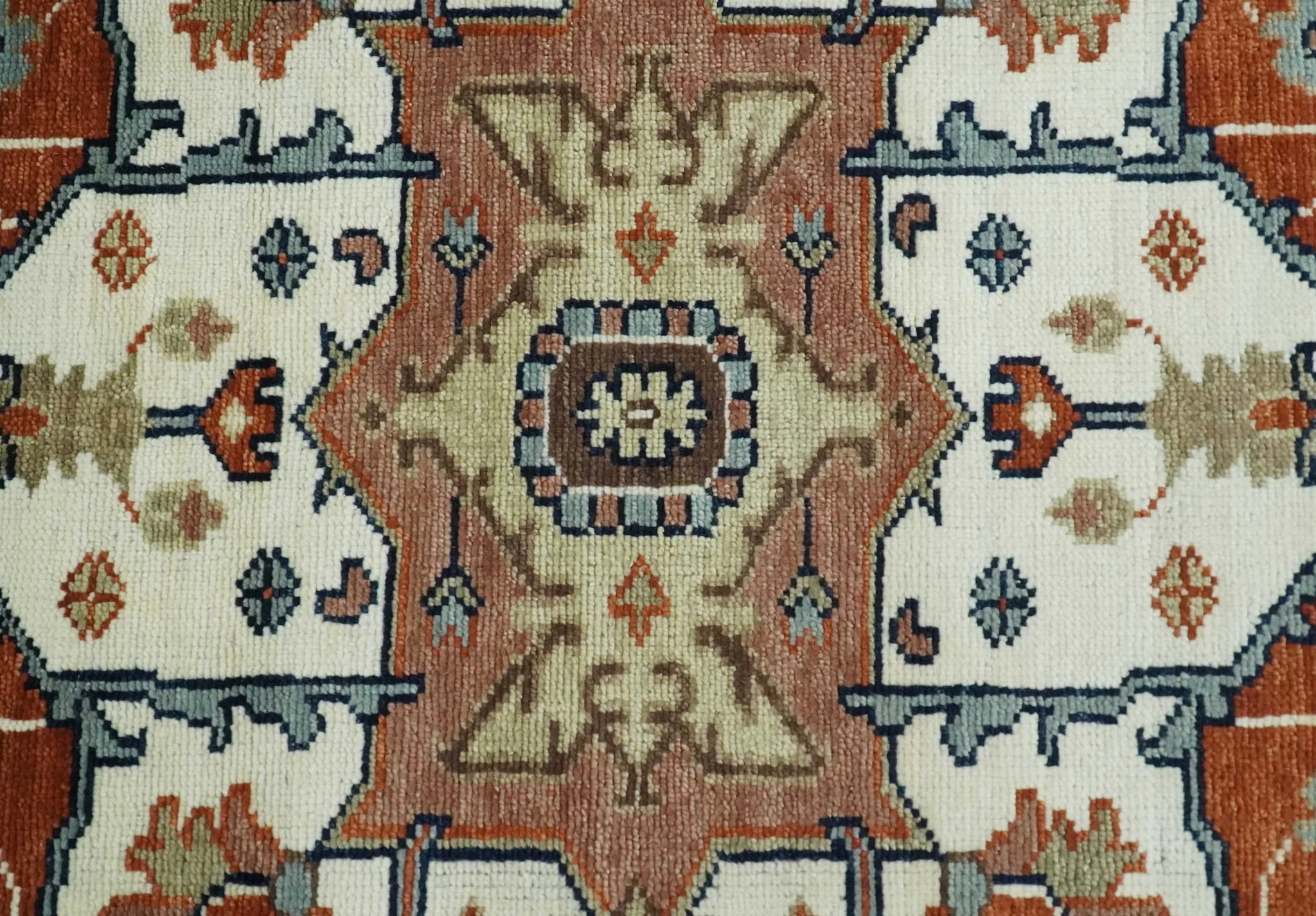 Hand Knotted Ivory, Blue and Rust Modern Traditional Heriz Serapi Multi Size Wool Area Rug - Image 9