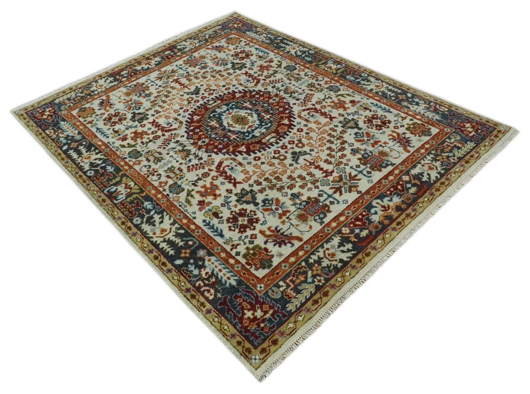 Tabriz Antique Hand Knotted Ivory, Charcoal and Rust Modern Traditional Multi Size Wool Rug - Image 10