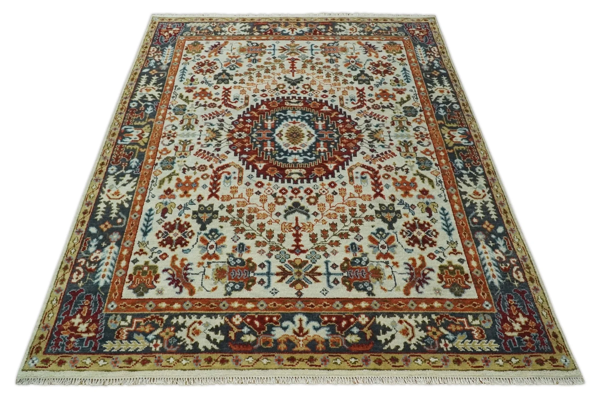 Tabriz Antique Hand Knotted Ivory, Charcoal and Rust Modern Traditional Multi Size Wool Rug - Image 11