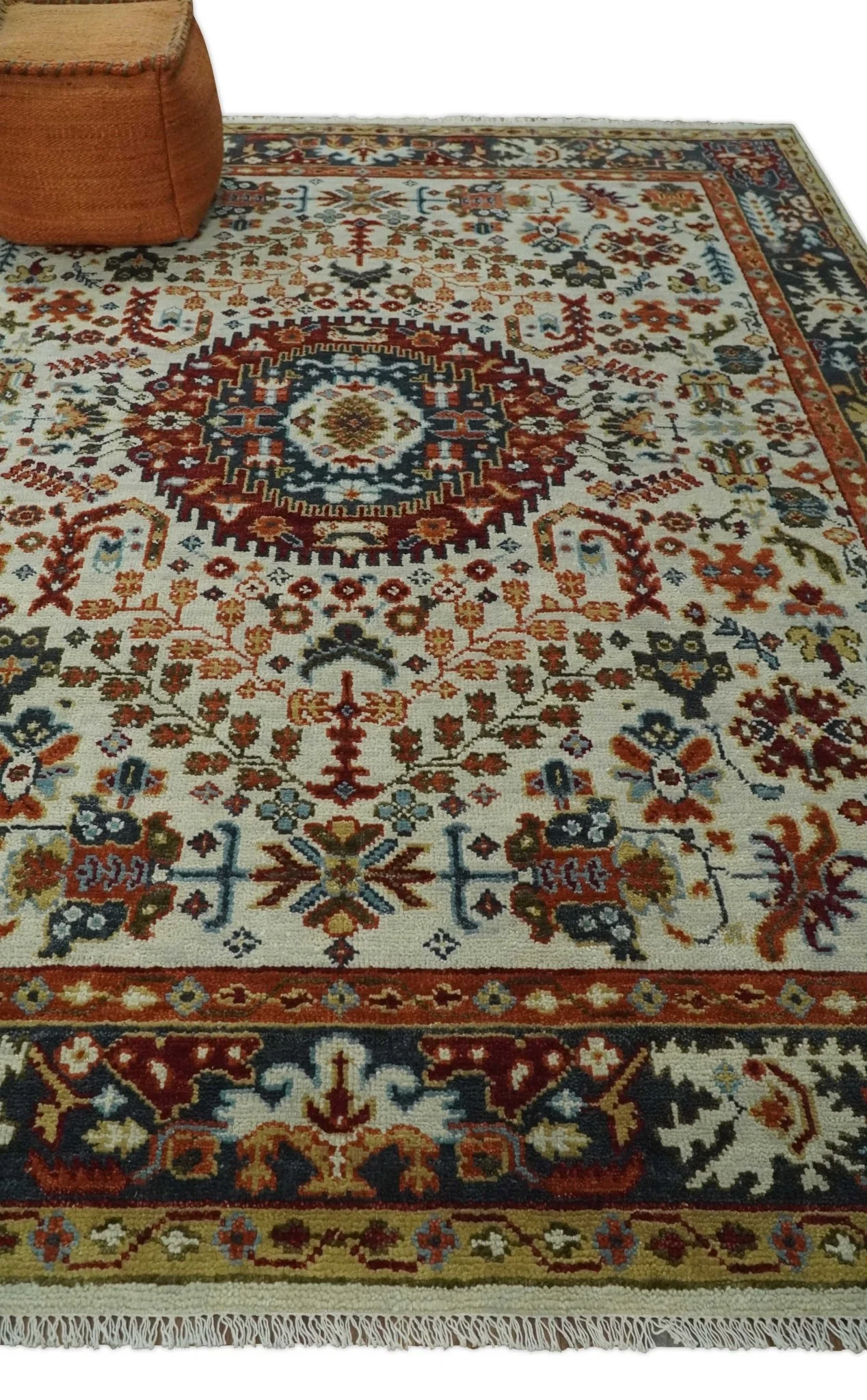 Tabriz Antique Hand Knotted Ivory, Charcoal and Rust Modern Traditional Multi Size Wool Rug - Image 5