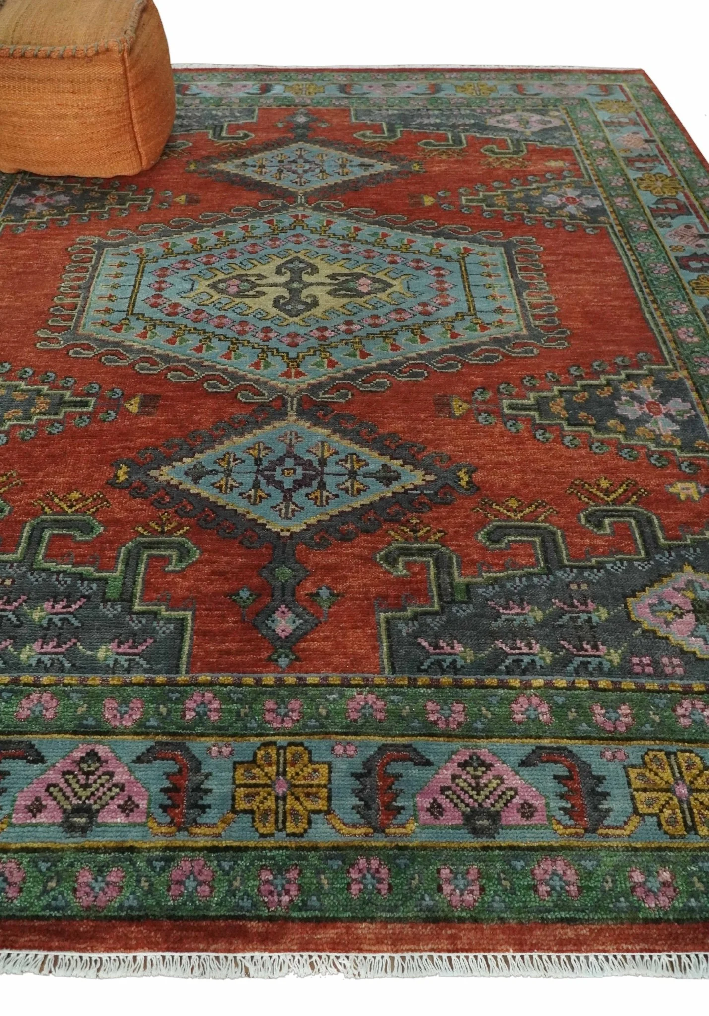 Hand Knotted Rust, Blue and Olive Traditional Antique Persian Rug - Image 3