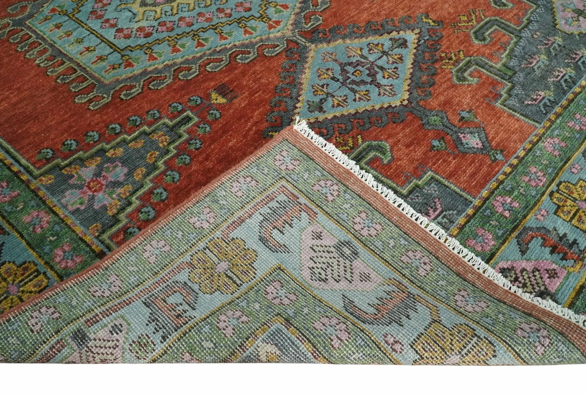 Hand Knotted Rust, Blue and Olive Traditional Antique Persian Rug - Image 7