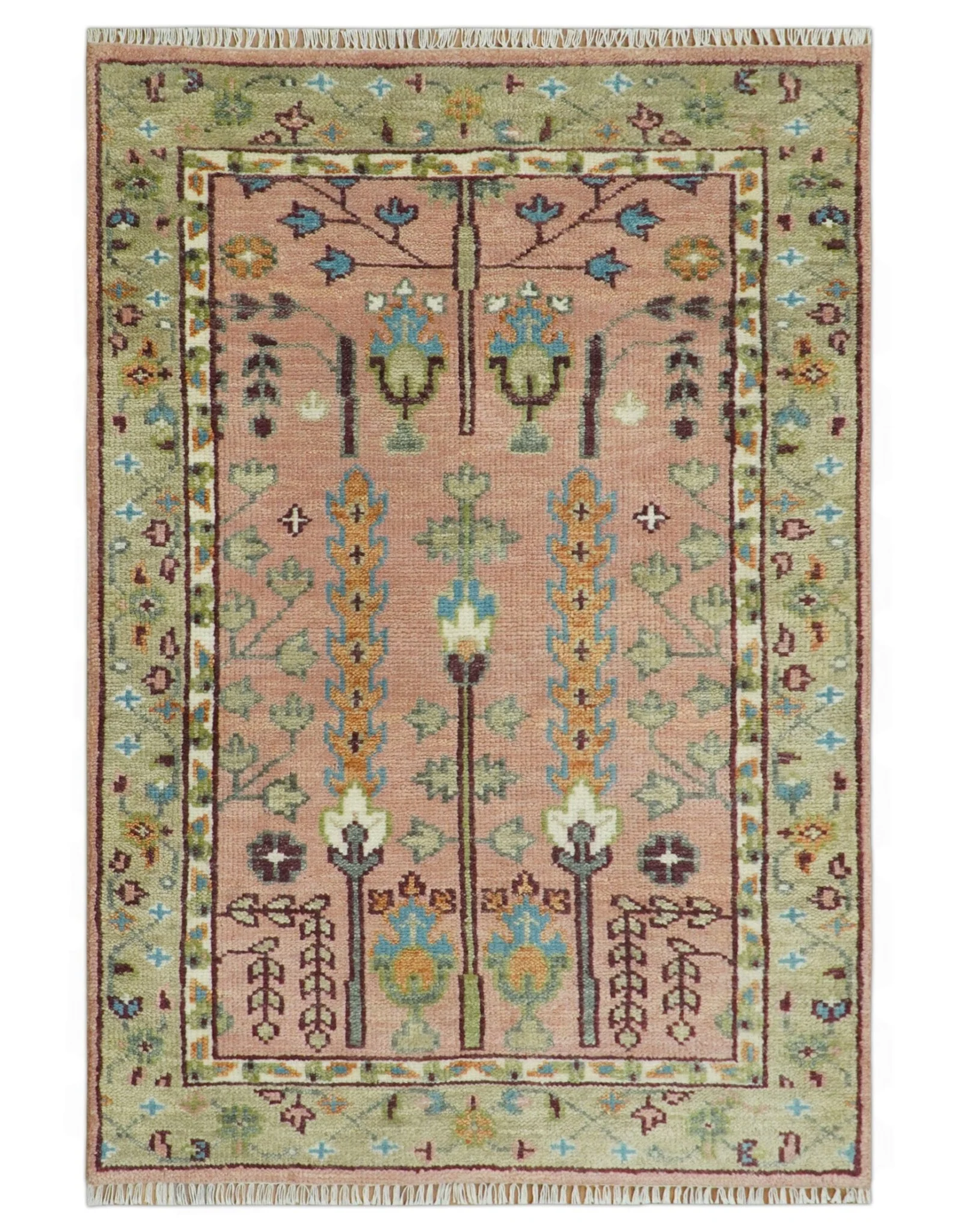 Pink, Olive and Beige Traditional Vintage Heriz Serapi Wool Rug - Image 12