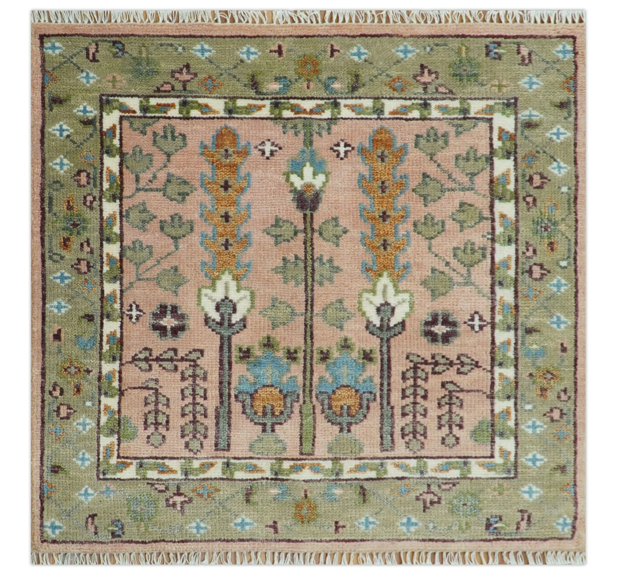 Pink, Olive and Beige Traditional Vintage Heriz Serapi Wool Rug - Image 15