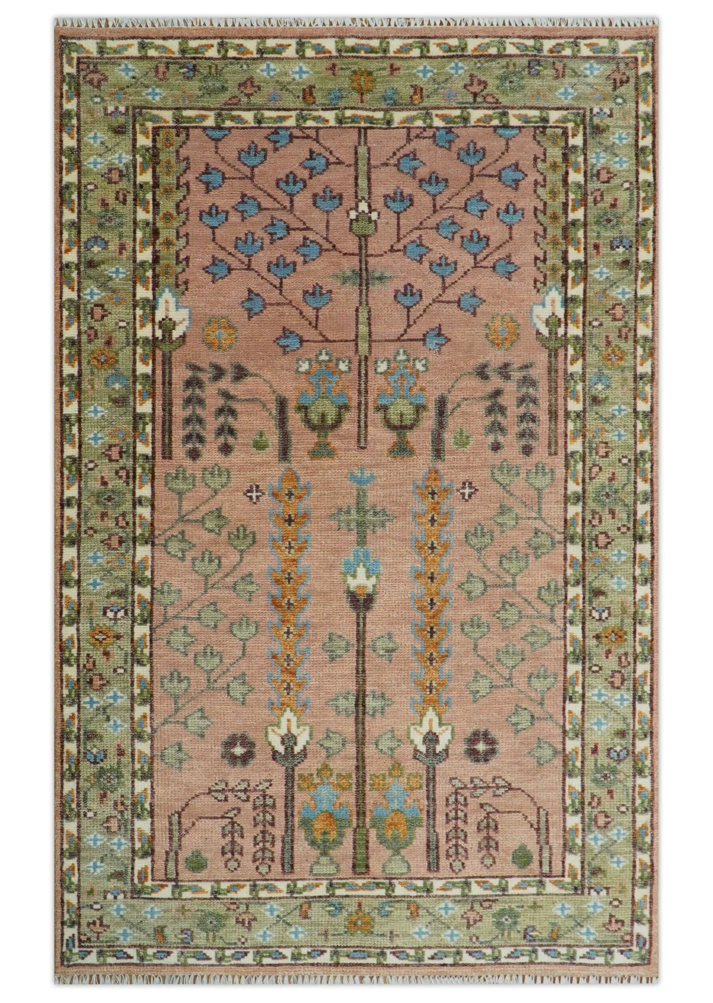 Pink, Olive and Beige Traditional Vintage Heriz Serapi Wool Rug - Image 17
