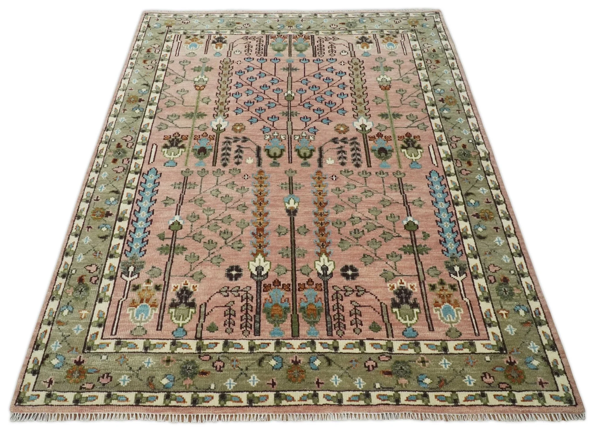 Pink, Olive and Beige Traditional Vintage Heriz Serapi Wool Rug - Image 5
