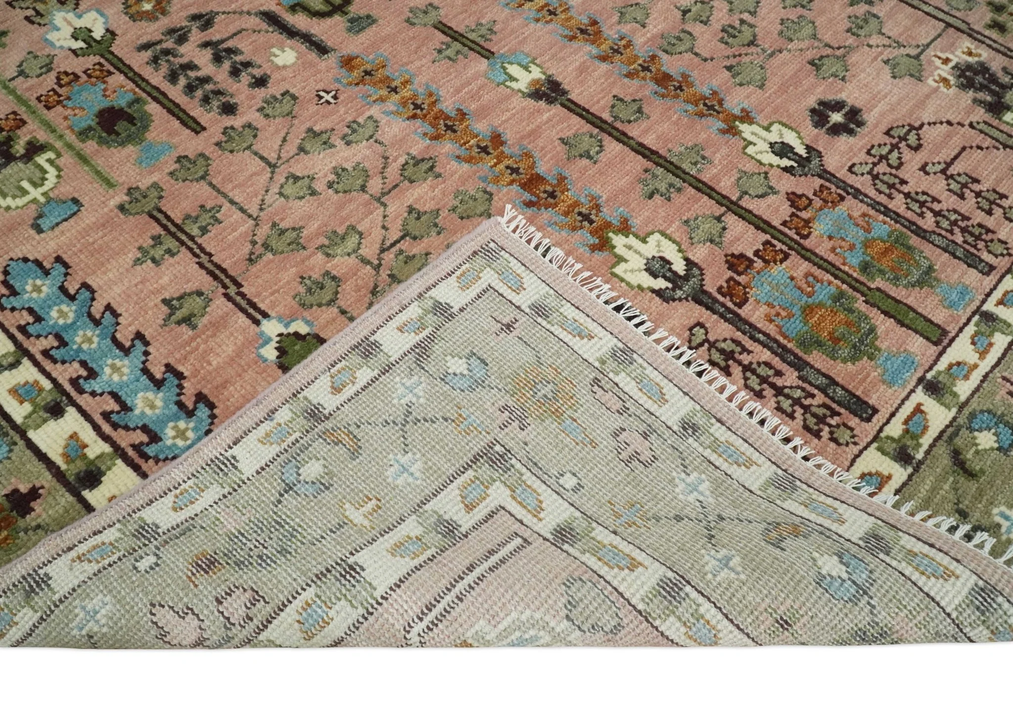 Pink, Olive and Beige Traditional Vintage Heriz Serapi Wool Rug - Image 6
