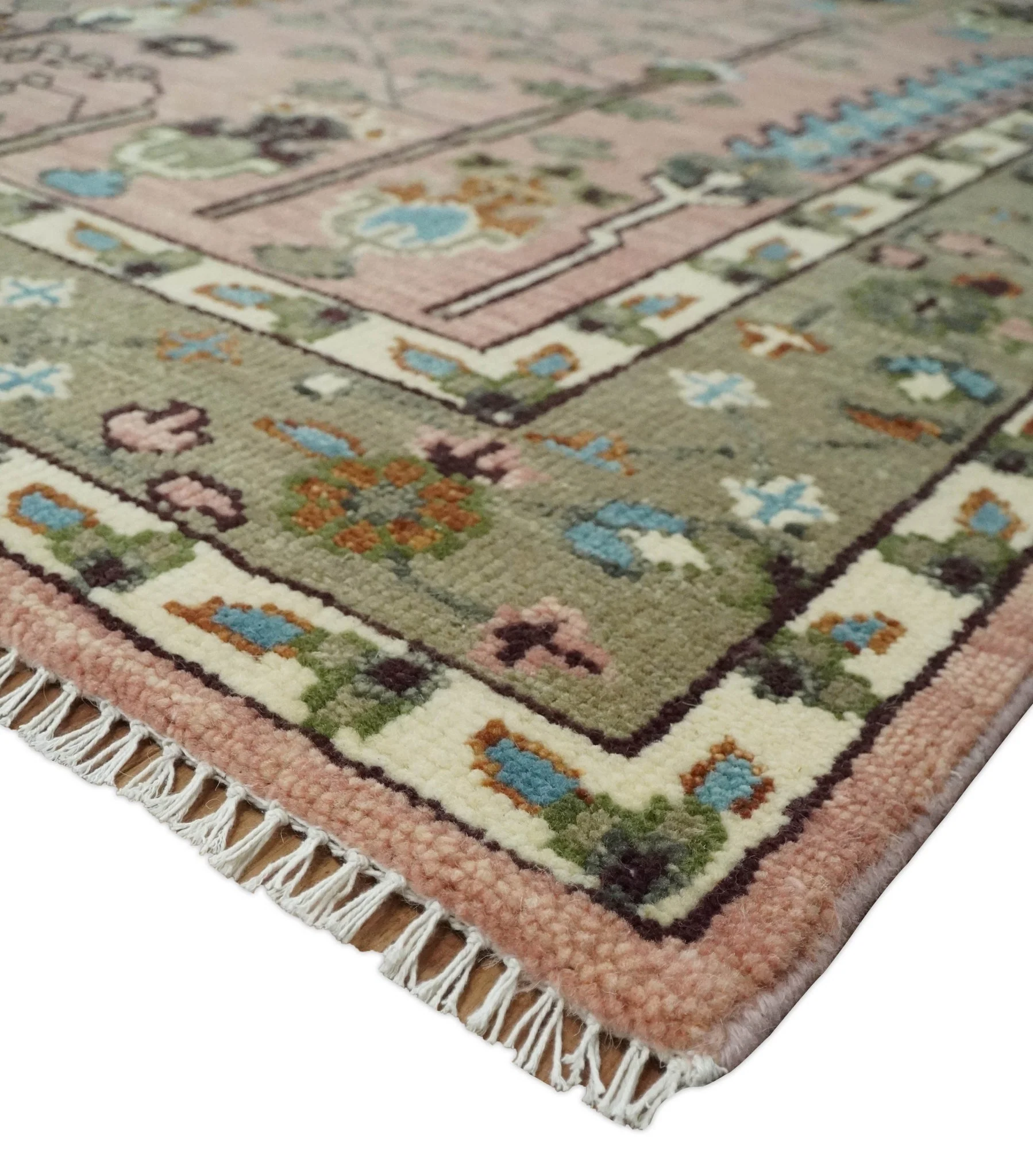 Pink, Olive and Beige Traditional Vintage Heriz Serapi Wool Rug - Image 8
