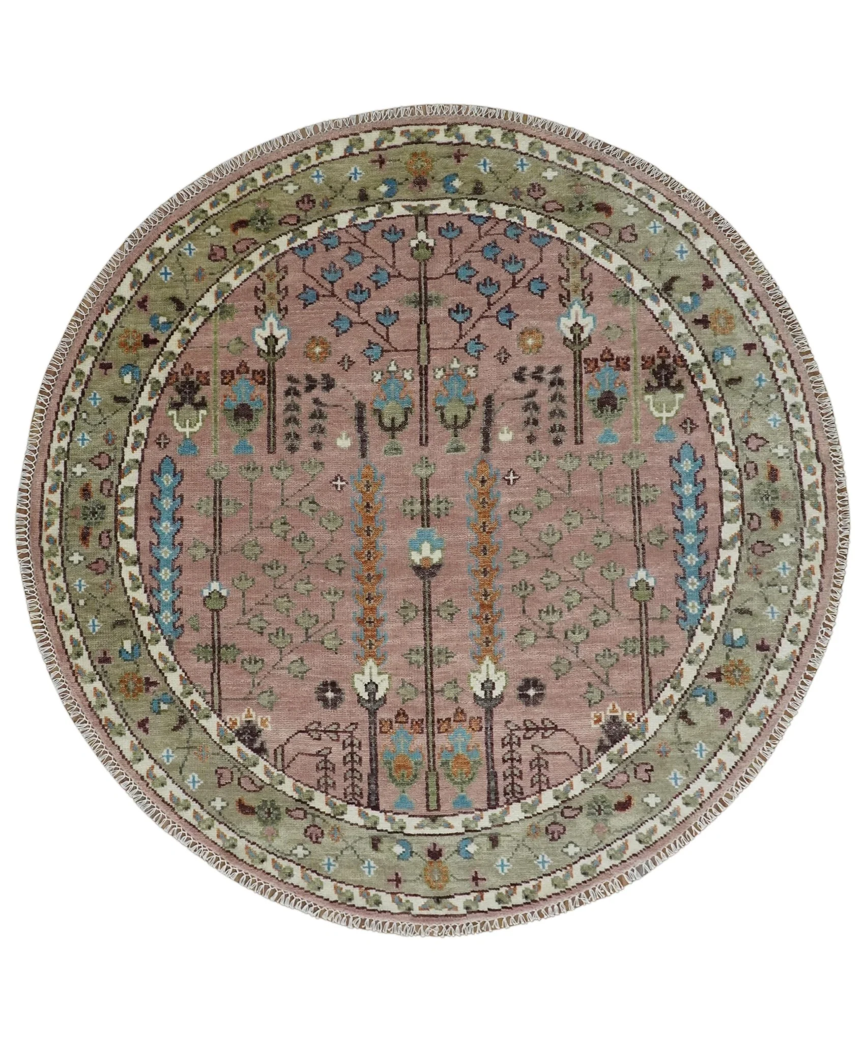 Pink, Olive and Beige Traditional Vintage Heriz Serapi Wool Rug - Image 9