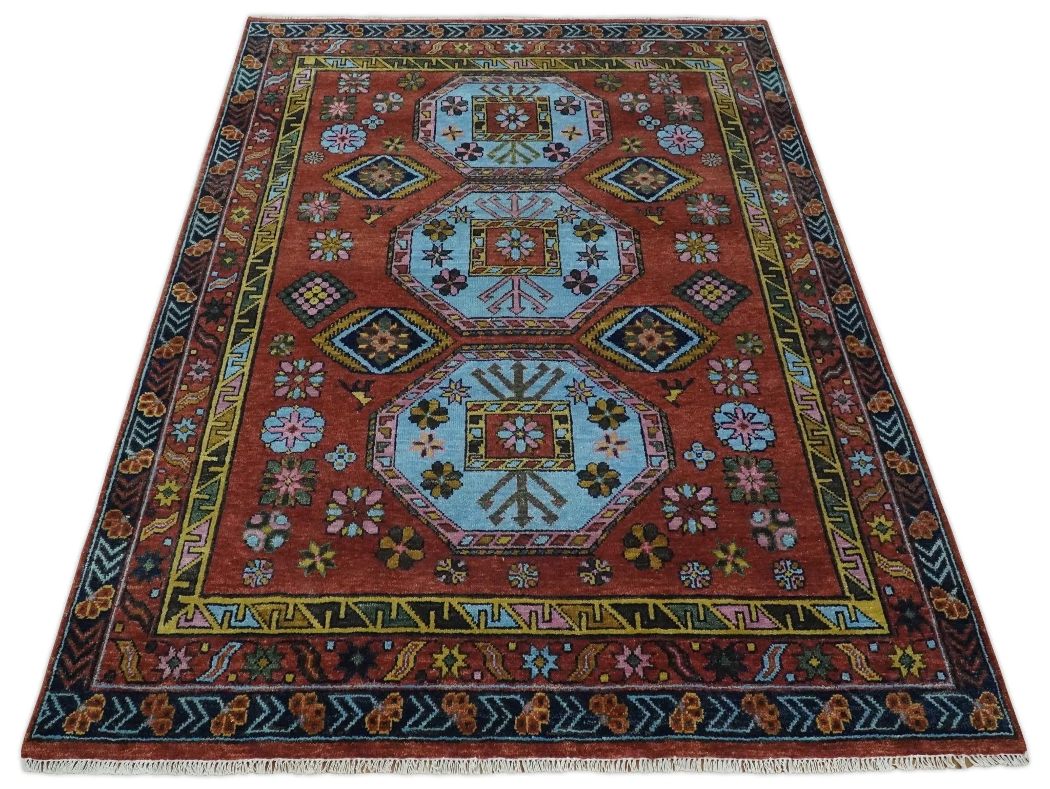 Hand Knotted Rust and Blue Traditional Antique look Multi Size Wool Area Rug - Image 3