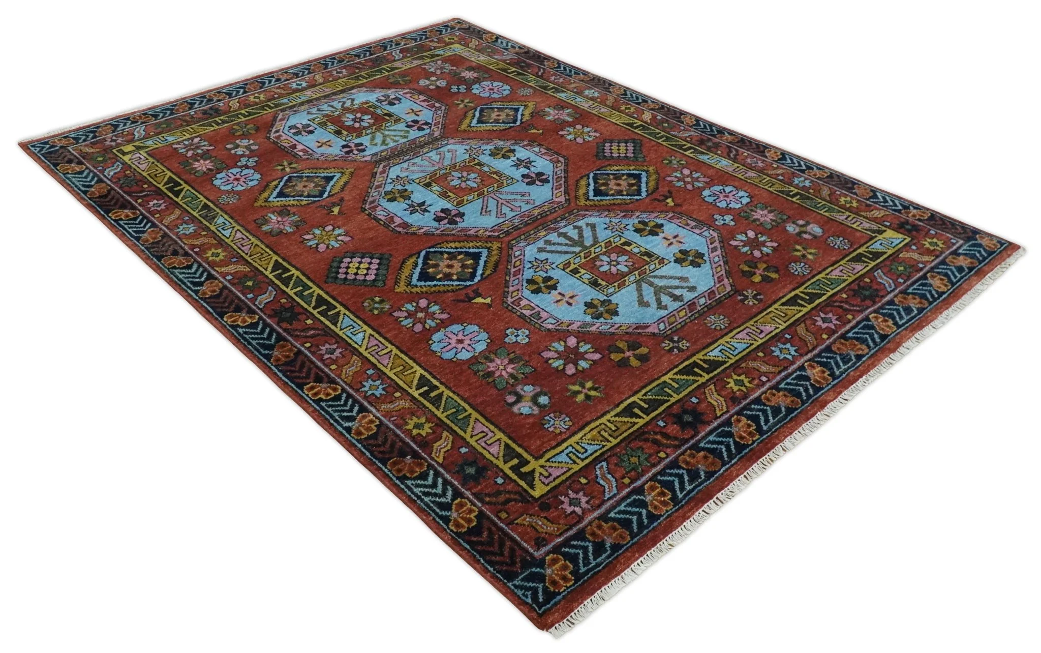 Hand Knotted Rust and Blue Traditional Antique look Multi Size Wool Area Rug - Image 4