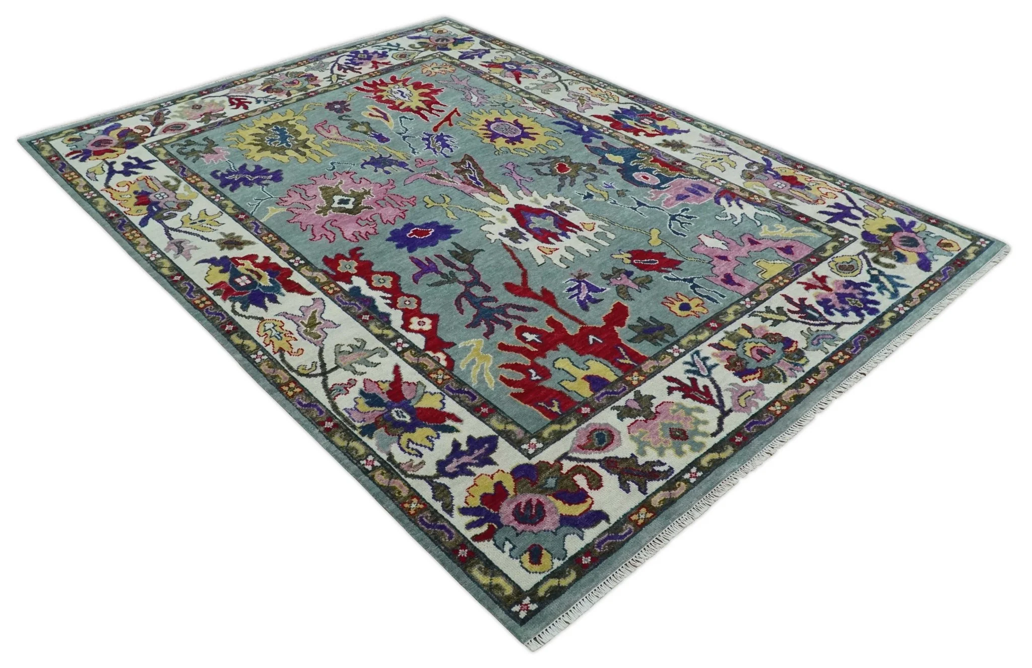 Vibrant colorful Silver, Ivory and Brown Hand Knotted Traditional Oushak Multi Size wool Area Rug - Image 10