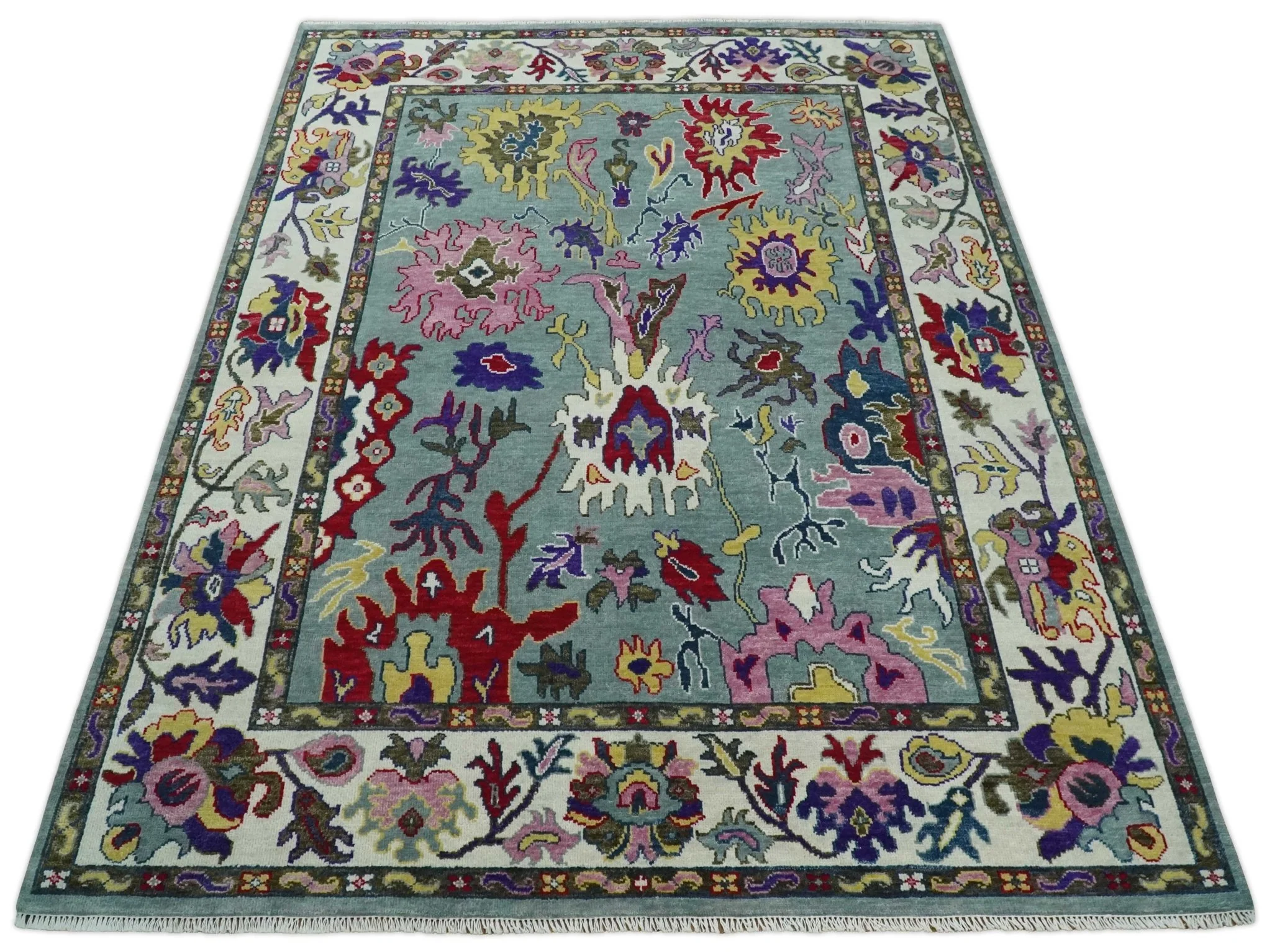 Vibrant colorful Silver, Ivory and Brown Hand Knotted Traditional Oushak Multi Size wool Area Rug - Image 11