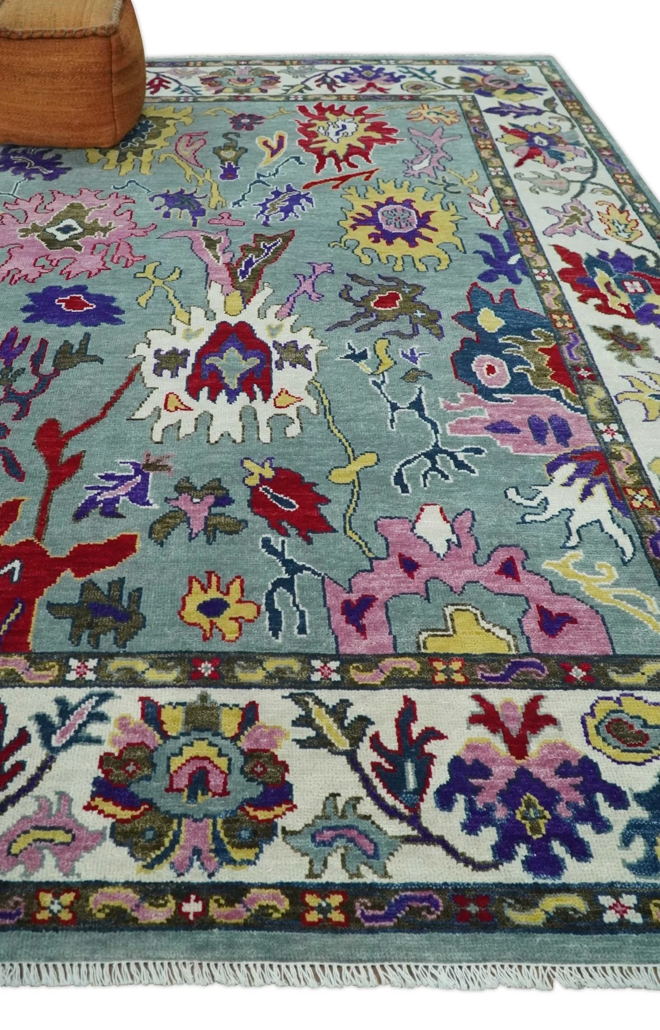 Vibrant colorful Silver, Ivory and Brown Hand Knotted Traditional Oushak Multi Size wool Area Rug - Image 2