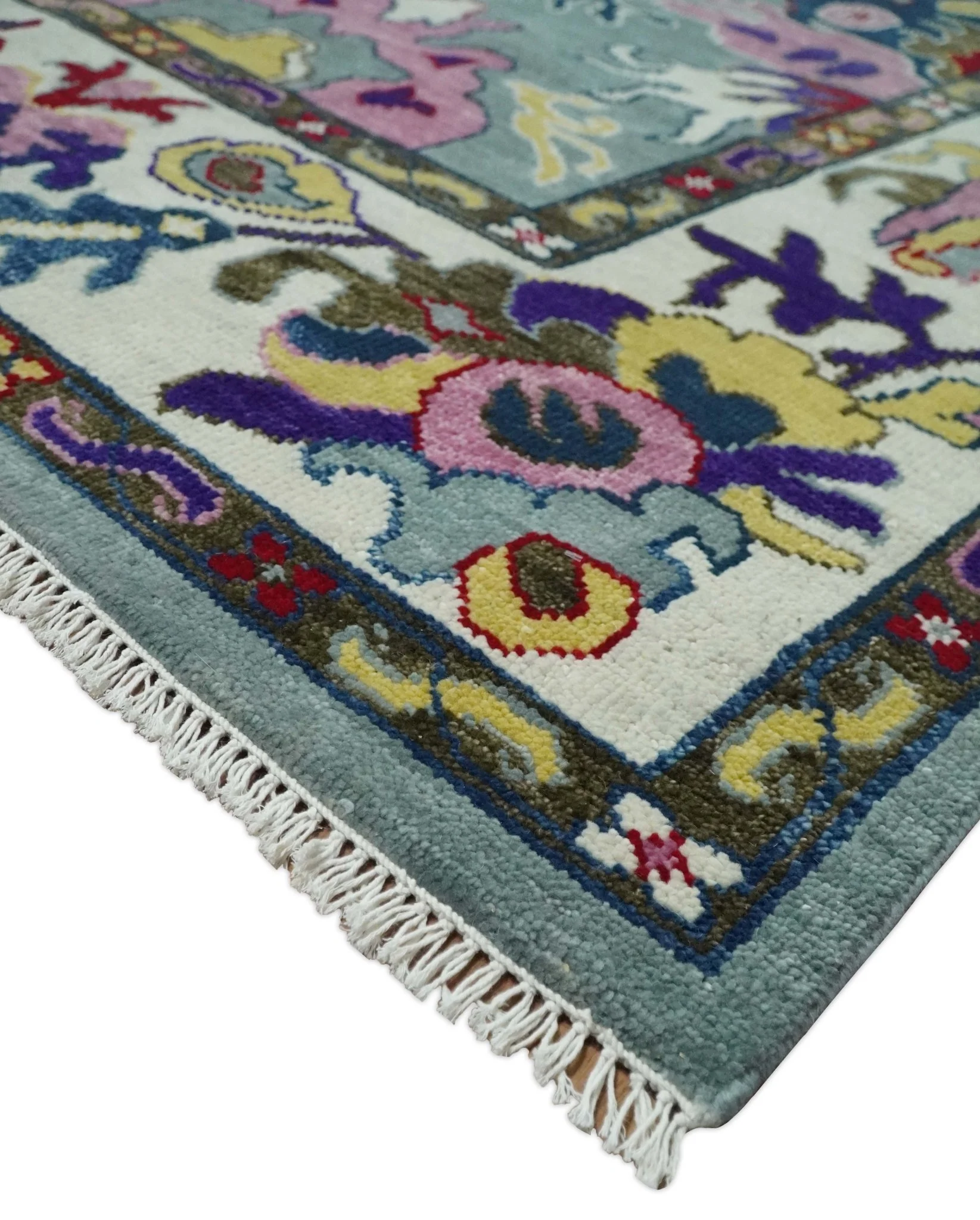 Vibrant colorful Silver, Ivory and Brown Hand Knotted Traditional Oushak Multi Size wool Area Rug - Image 5