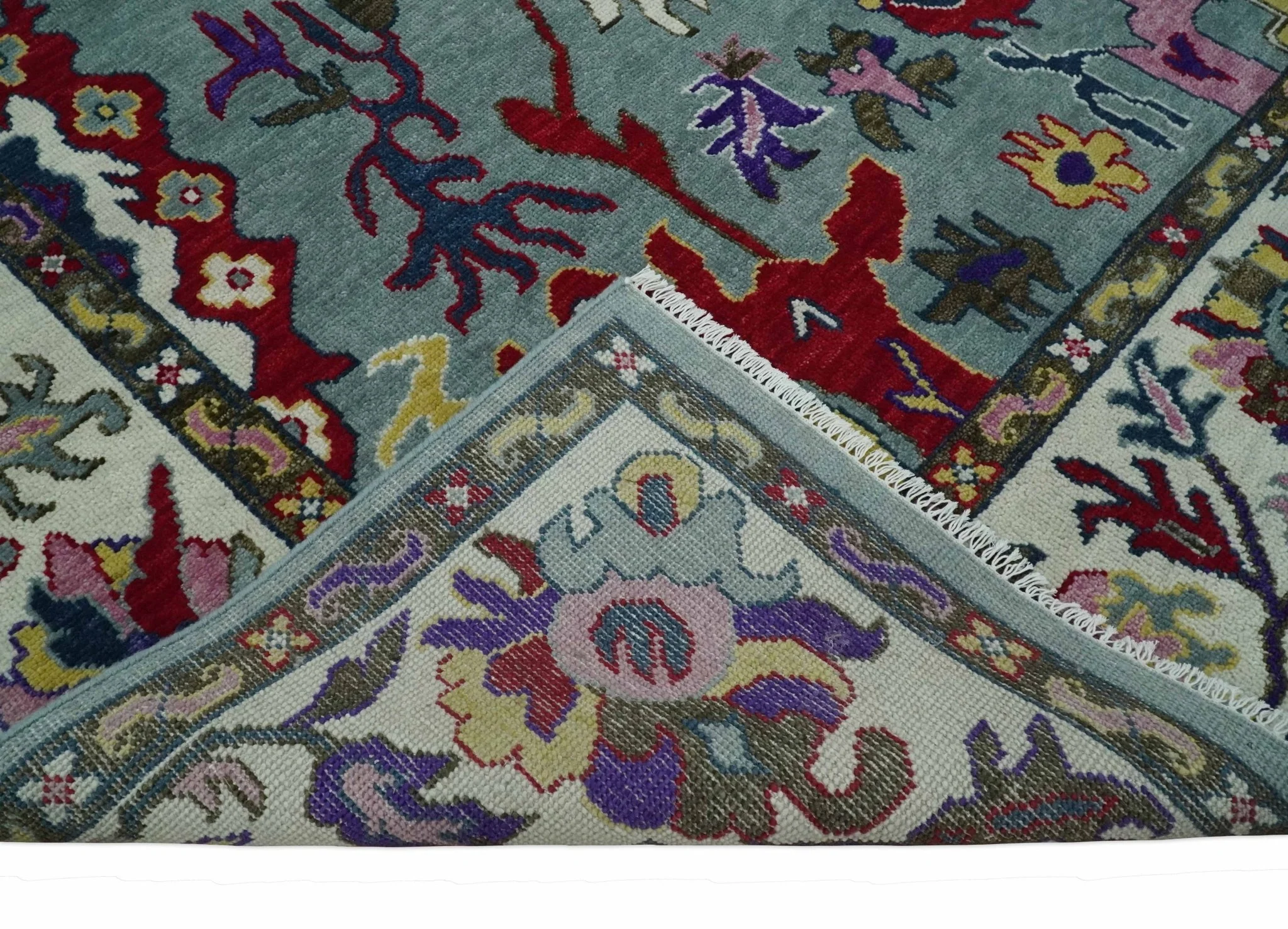 Vibrant colorful Silver, Ivory and Brown Hand Knotted Traditional Oushak Multi Size wool Area Rug - Image 7
