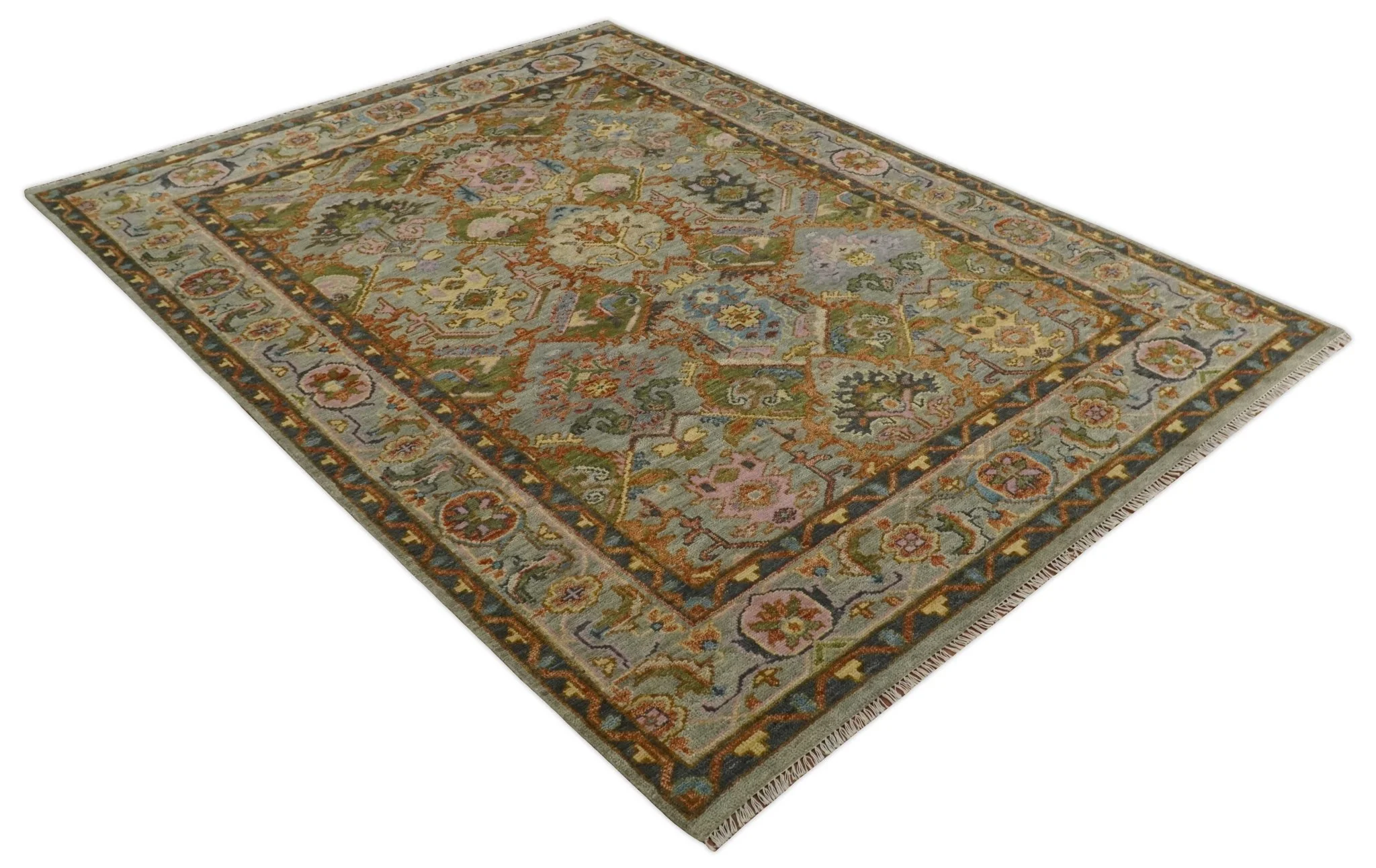 Hand knotted All Wool Silver, Rust and Gray Traditional Antique Moss Oushak Multi Size wool Area Rug - Image 9